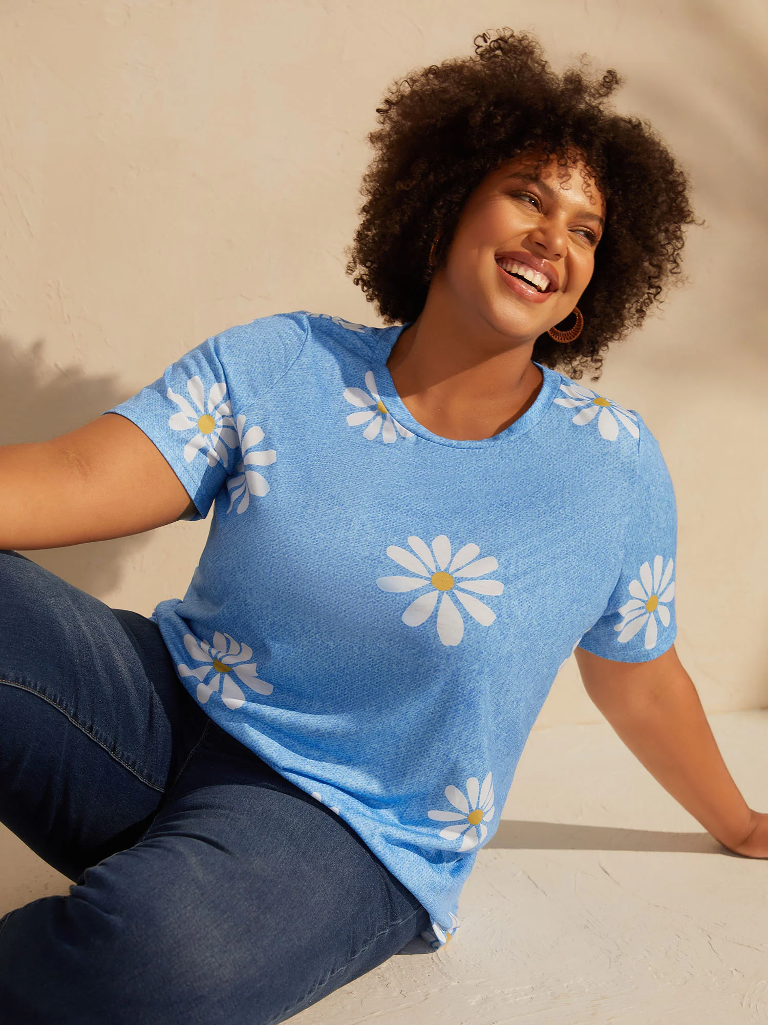 Stretchy Floral Print Round Neck T-shirt