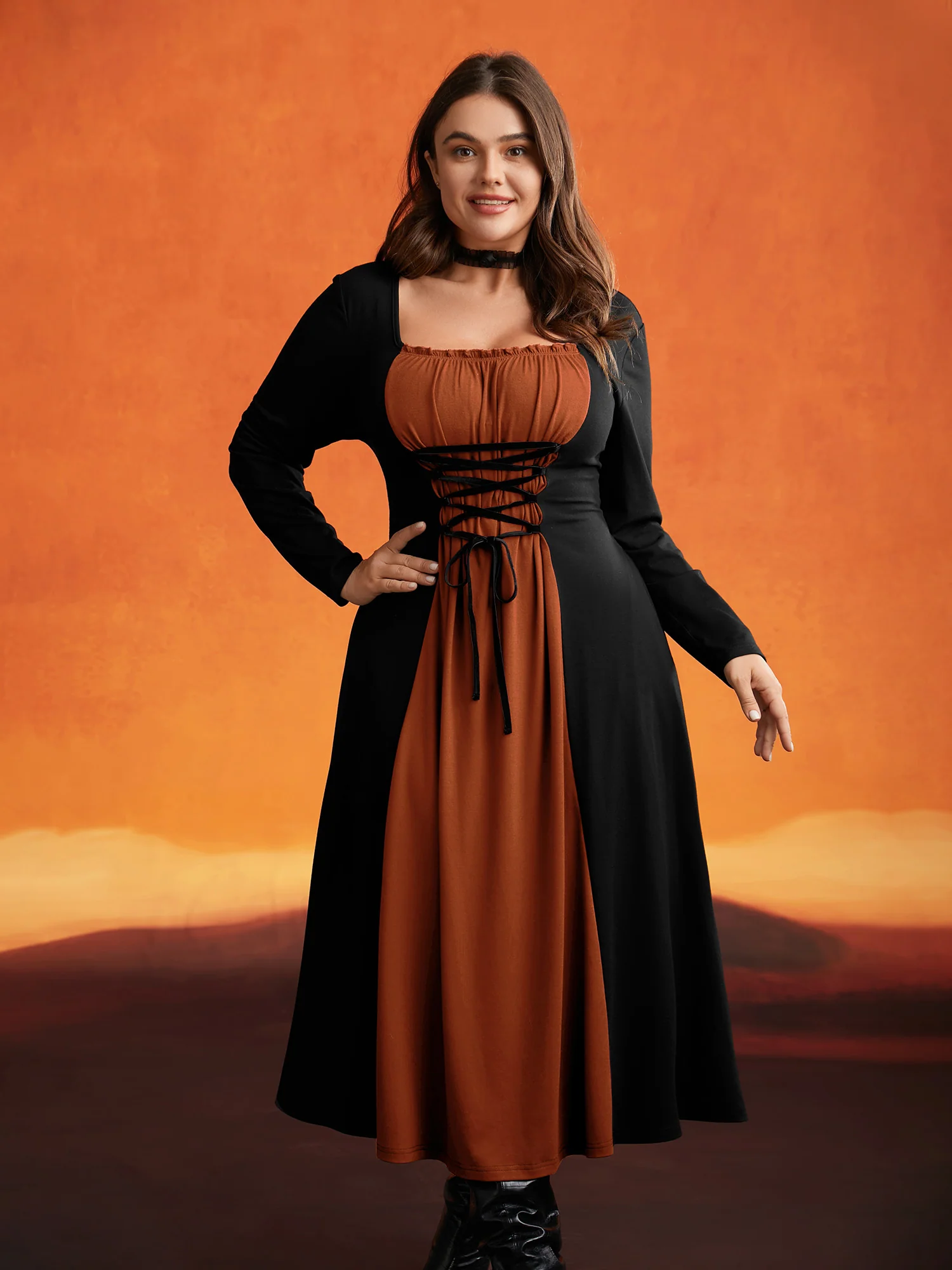 Stretchy Knit Adjustable Tie Frill Trim Midi Dress - Image 2