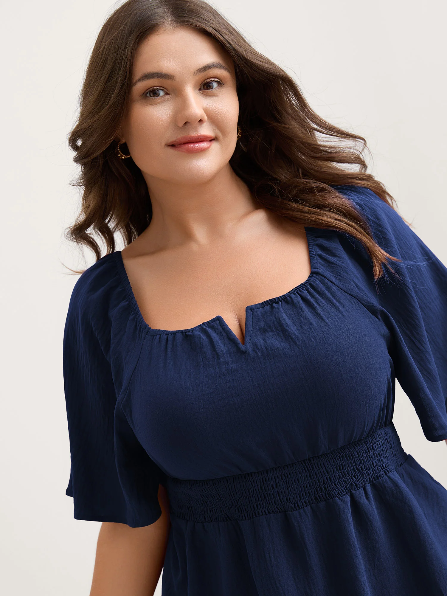 Stretchy Neckline Waist-Cinched Solid Blouse - Image 8