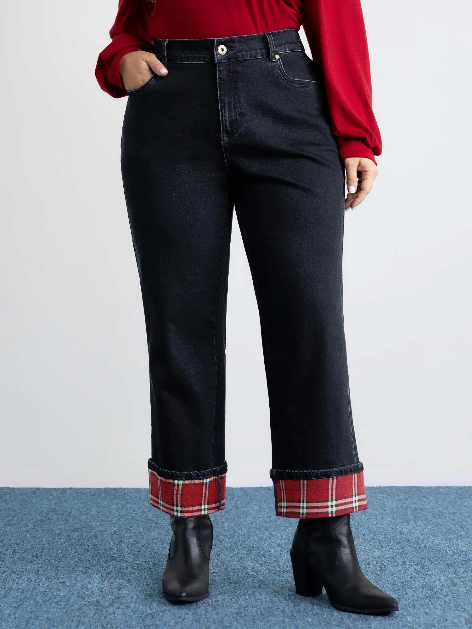Stretchy Plaid Straight-Leg Jeans - Image 2