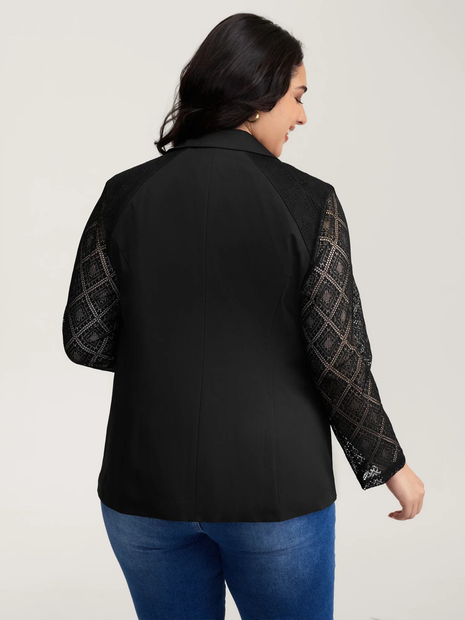 Stretchy Textured Sheer Sleeve Contrast Blazer - Image 5