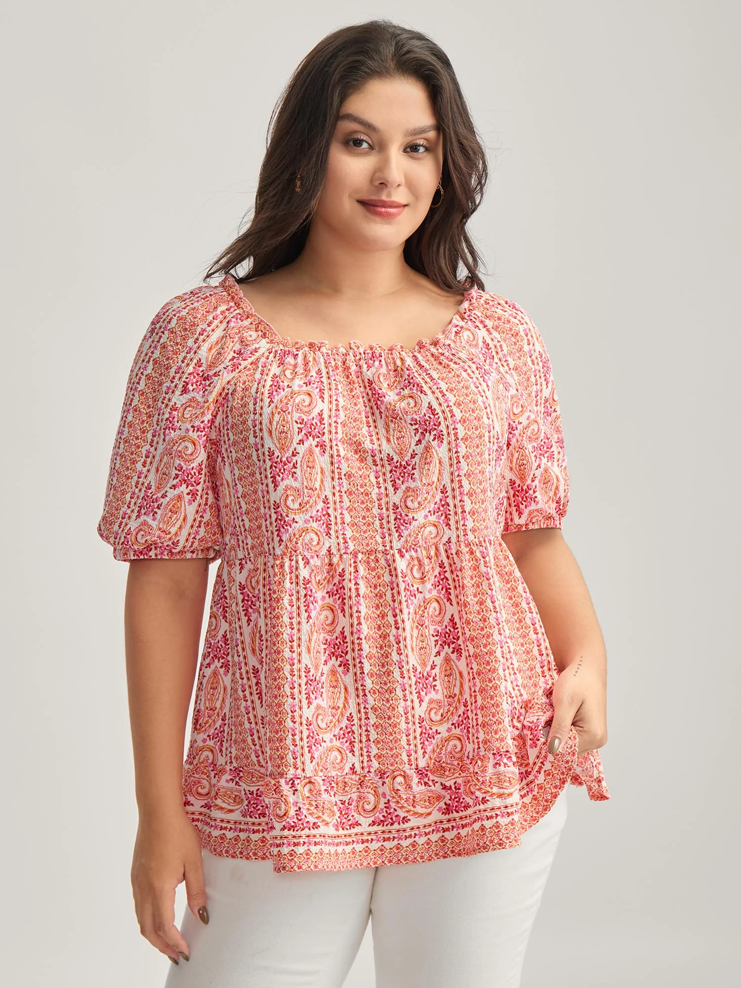 Stripe Paisley Print Ruffled Neck Blouse