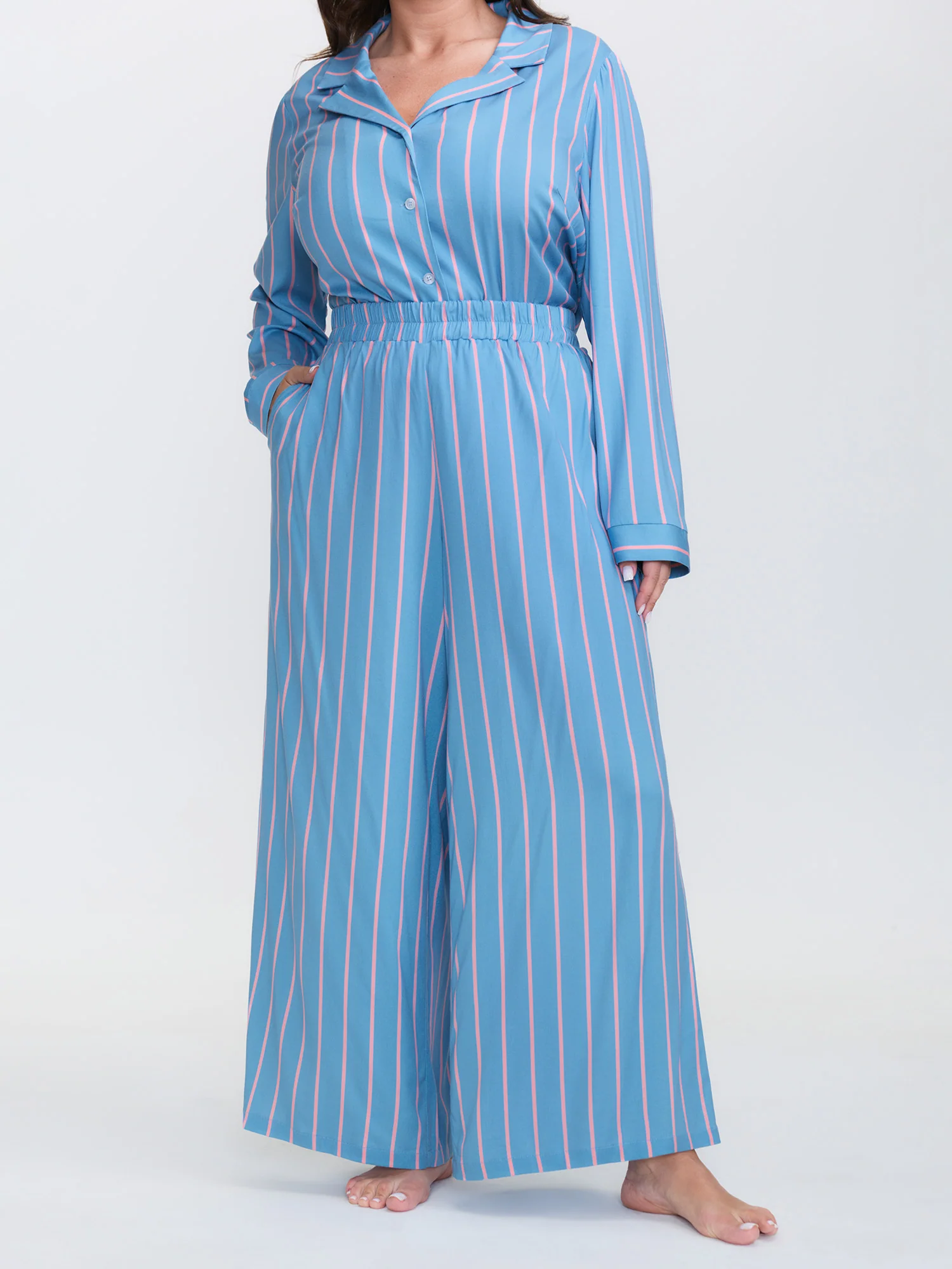 Stripe Print Pockets Sleepwear Set - Image 6