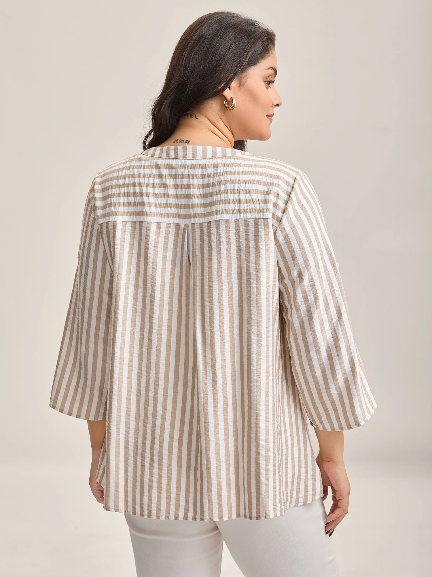 Stripe Print Tab Sleeve Notched Collar Blouse - Image 4