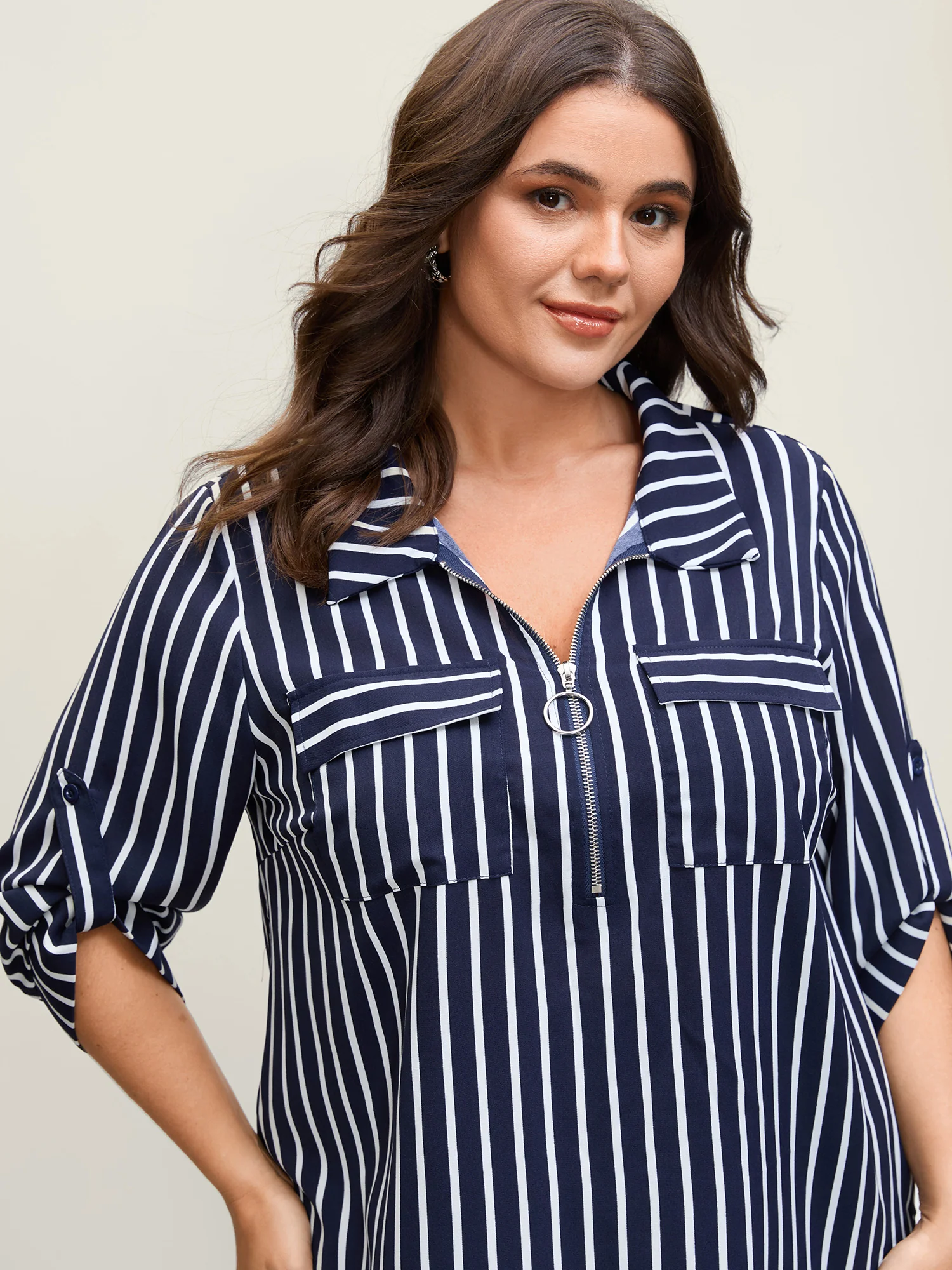 Stripe Print Zipper Folded Sleeve Blouse