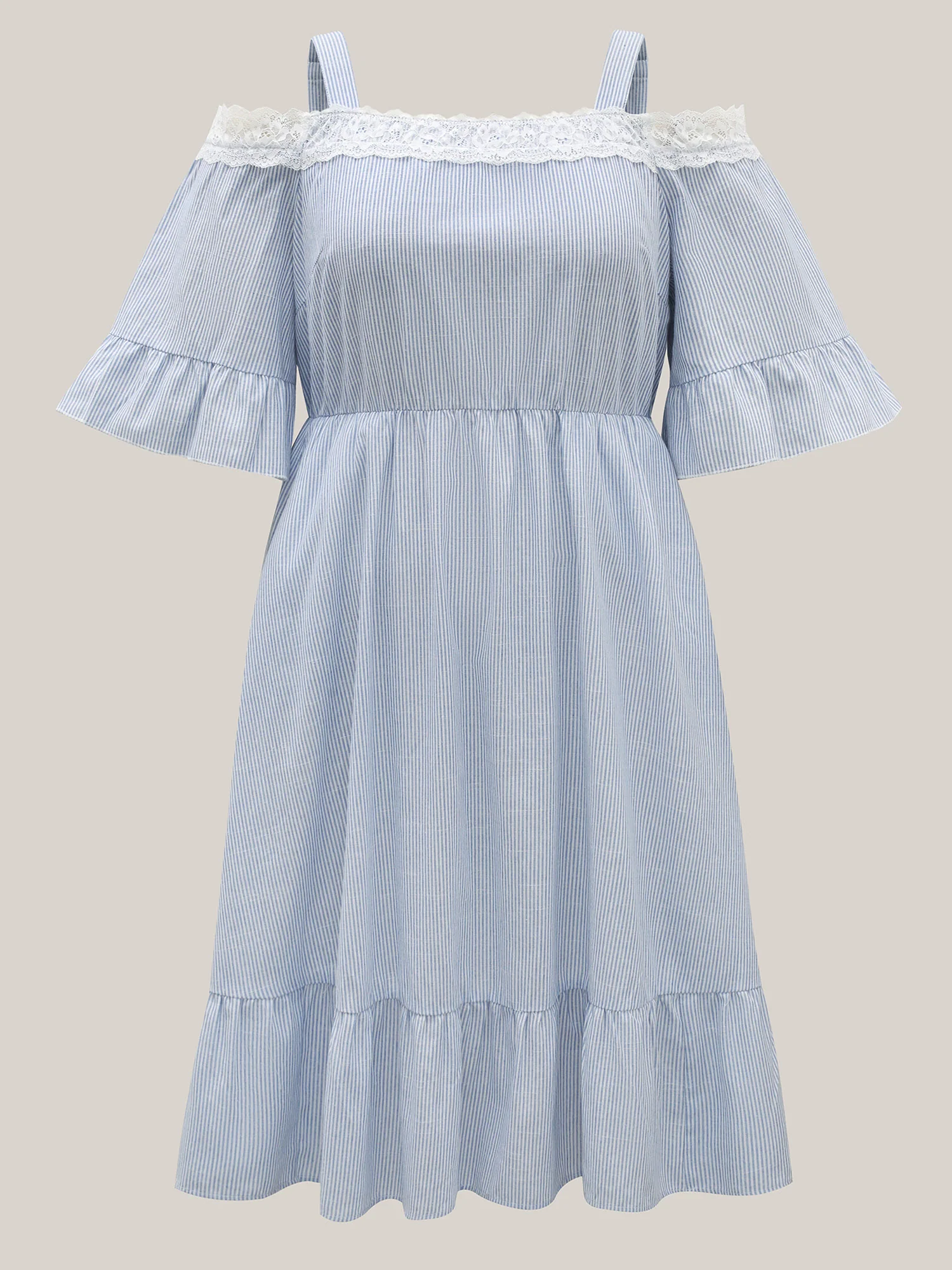 Striped Cold Shoulder Lace Midi Dress - Image 7