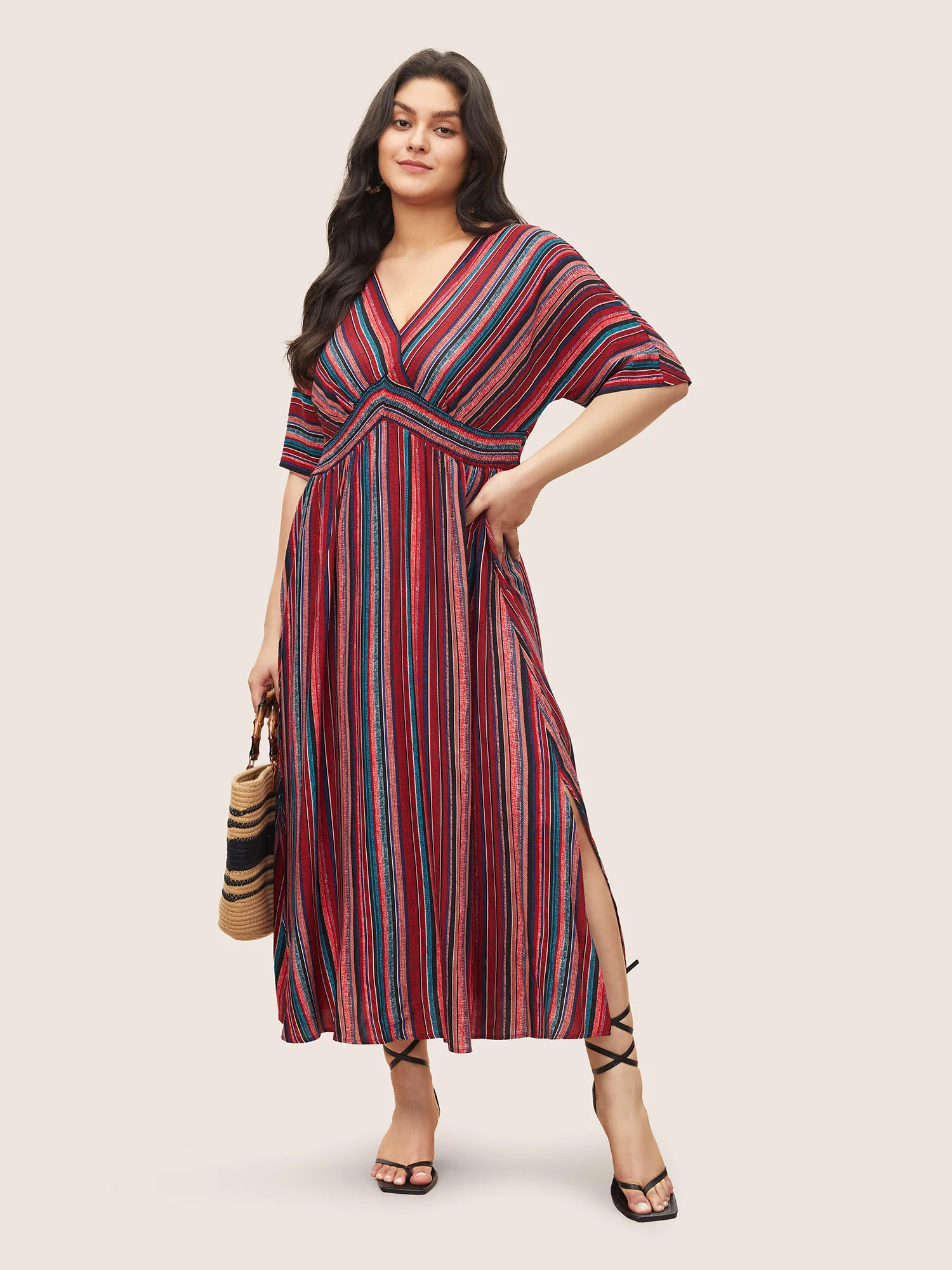 Striped Contrast Dolman Sleeve Shirred Pocket Split Flutter Dress - Image 19