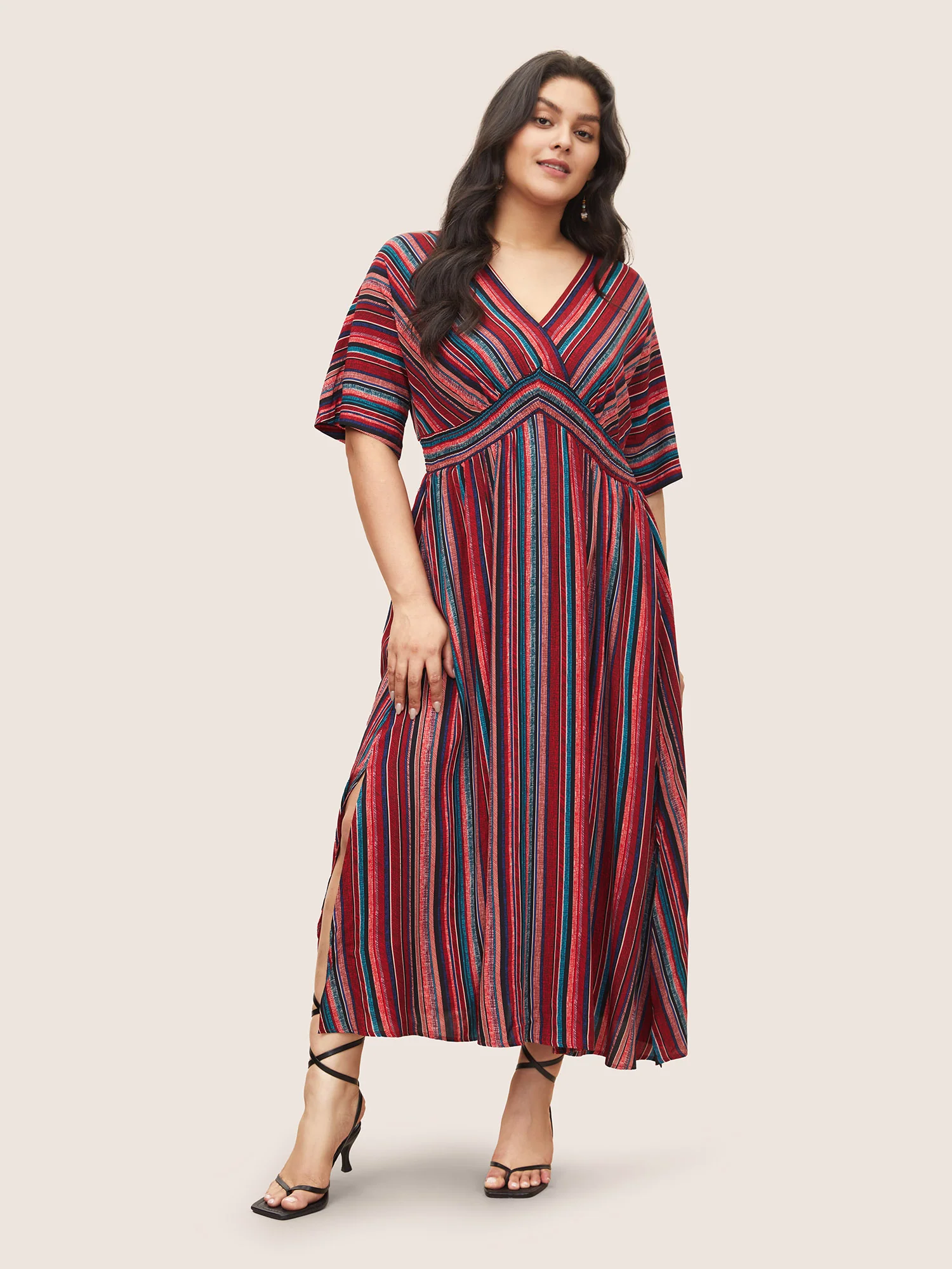 Striped Contrast Dolman Sleeve Shirred Pocket Split Flutter Dress - Image 20