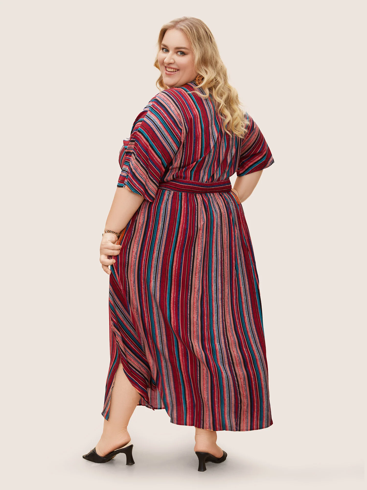 Striped Contrast Dolman Sleeve Shirred Pocket Split Flutter Dress - Image 31
