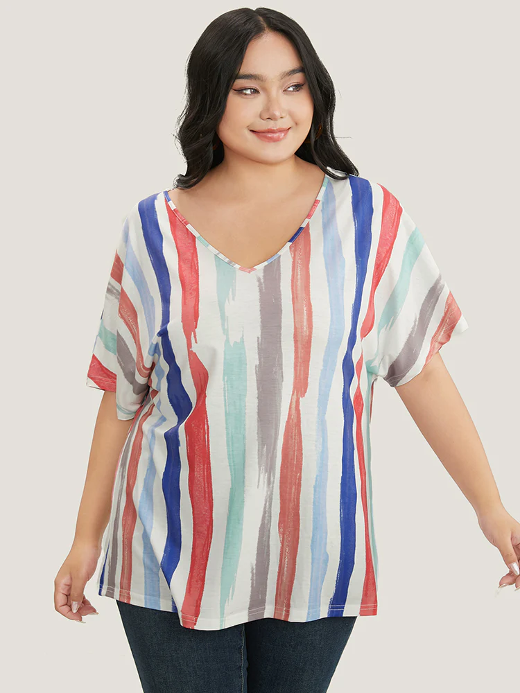 Striped Contrast Dolman Sleeve V Neck T-shirt