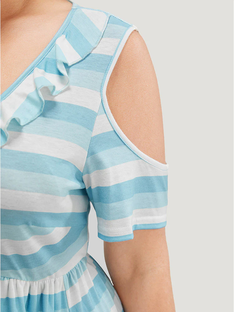 Striped Contrast Pocket Ruffle Trim Cold Shoulder Dress - Image 9
