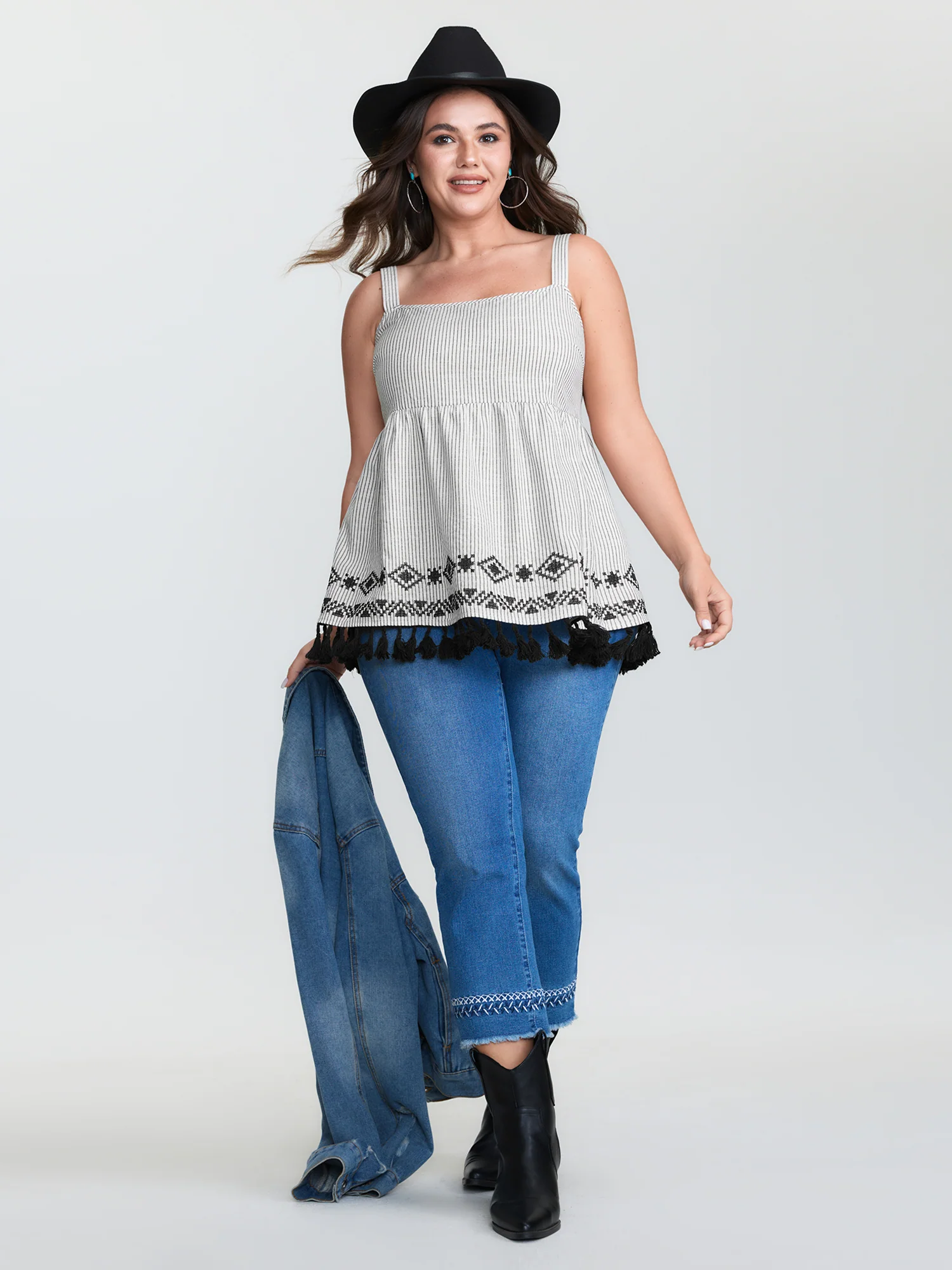 Cotton Linen Striped Embroidered Fringe Hem Tank Top - Image 3
