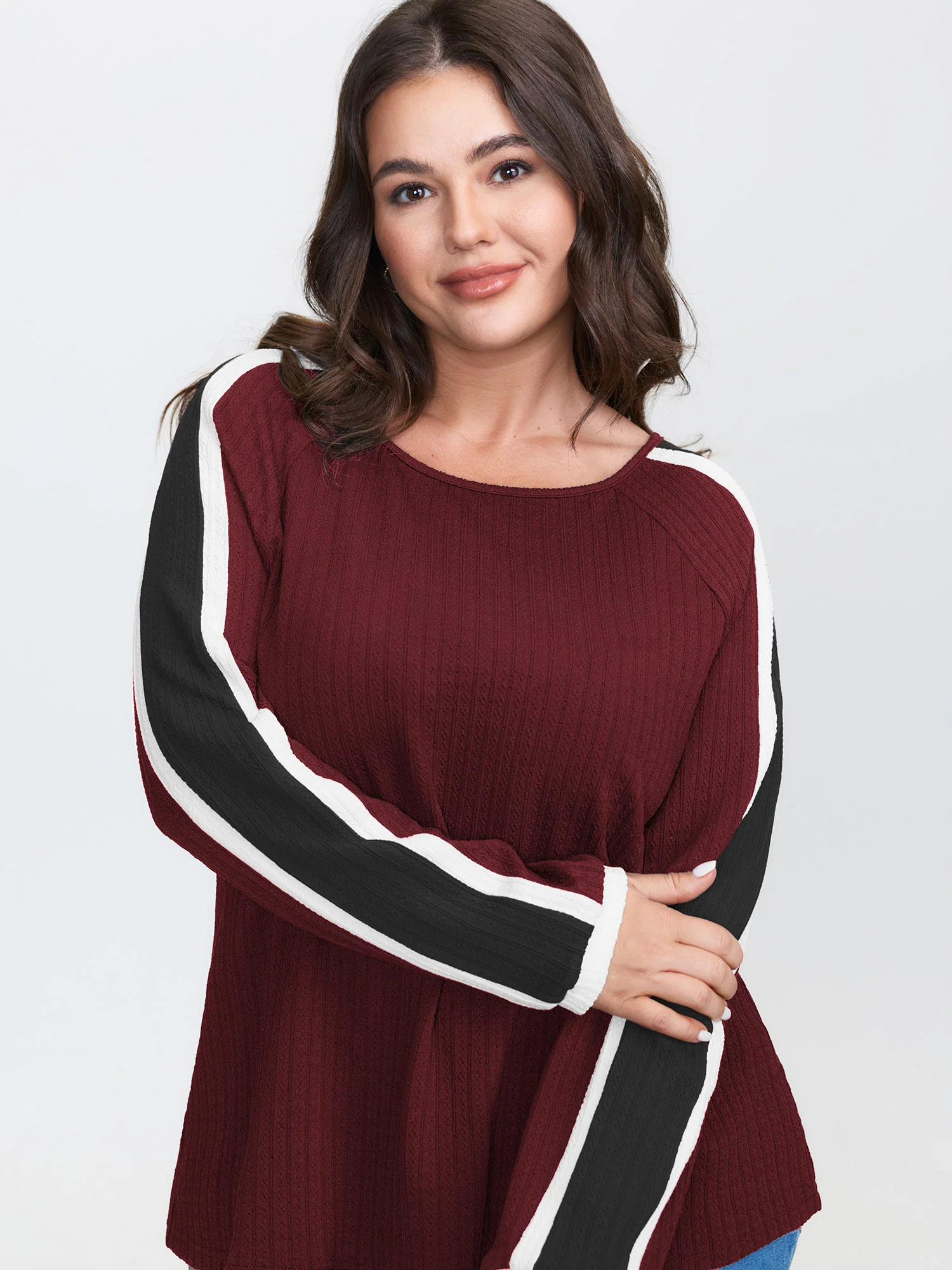 Striped Shoulder Textured Contrast T-Shirt - Image 2