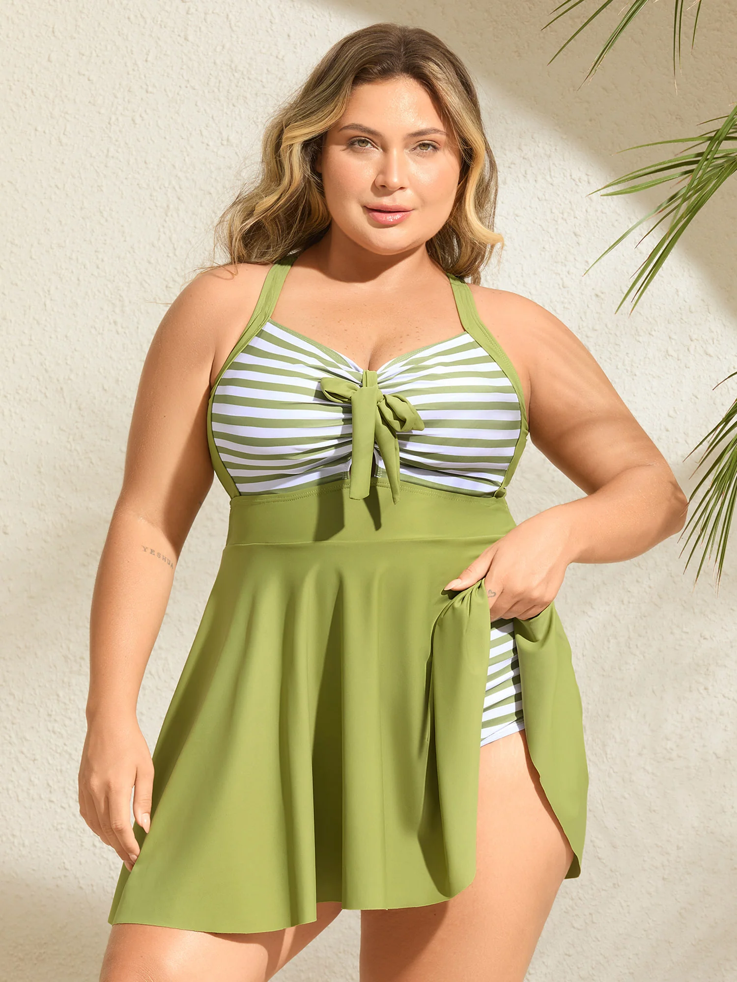 Stripes Patchwork Tie Knot Cross Straps Swim Dress - Image 36