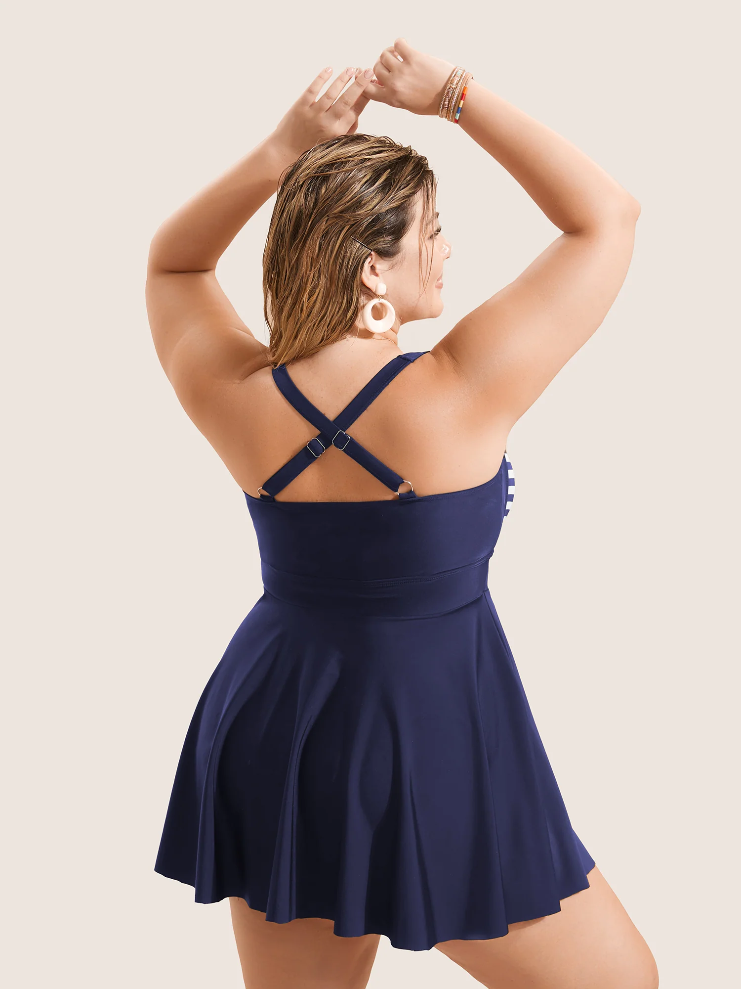 Stripes Patchwork Tie Knot Cross Straps Swim Dress - Image 46