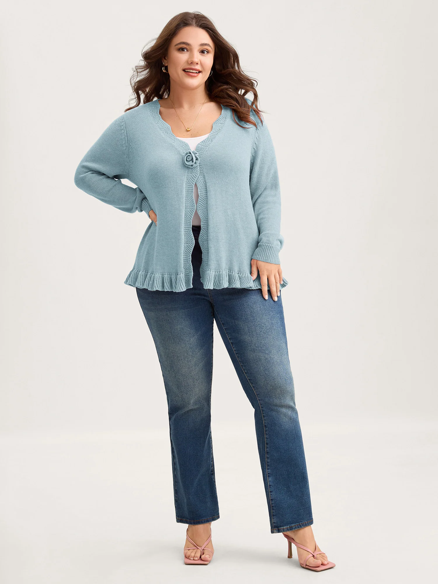 Supersoft Textured Floral Button Ruffled Hem Knit Cardigan - Image 21