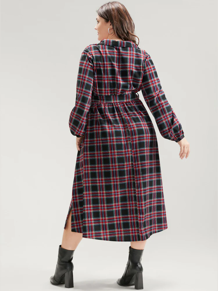 Tartan Lantern Sleeve Pocket Belted Midi Dress - Image 7