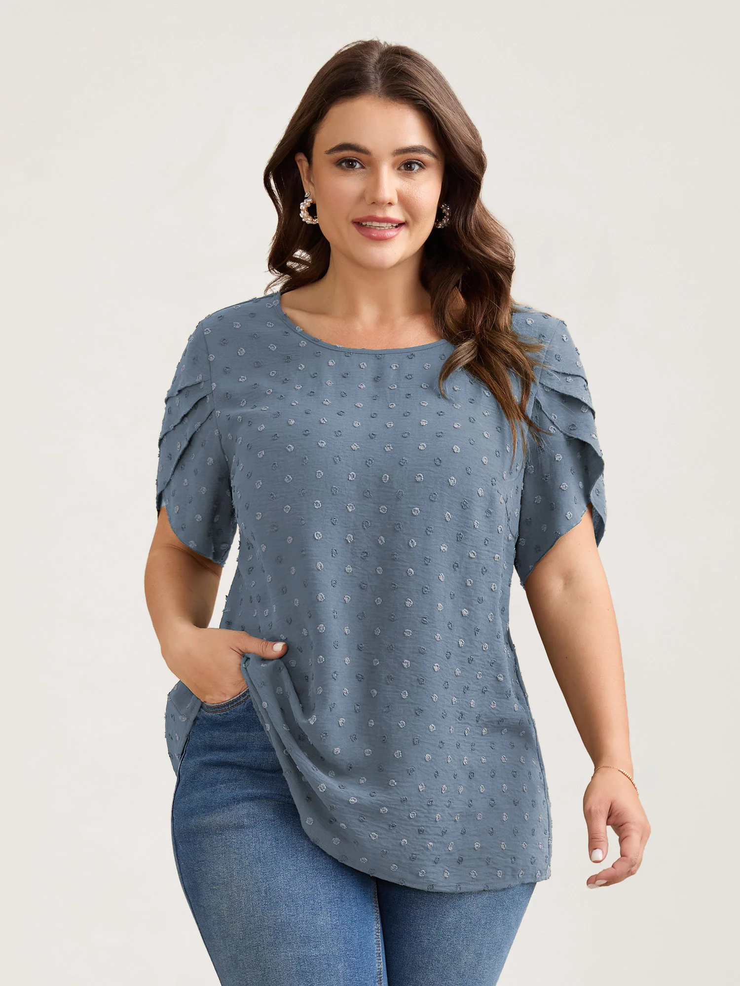 Textured Color Contrast Petal Sleeve Blouse - Image 22