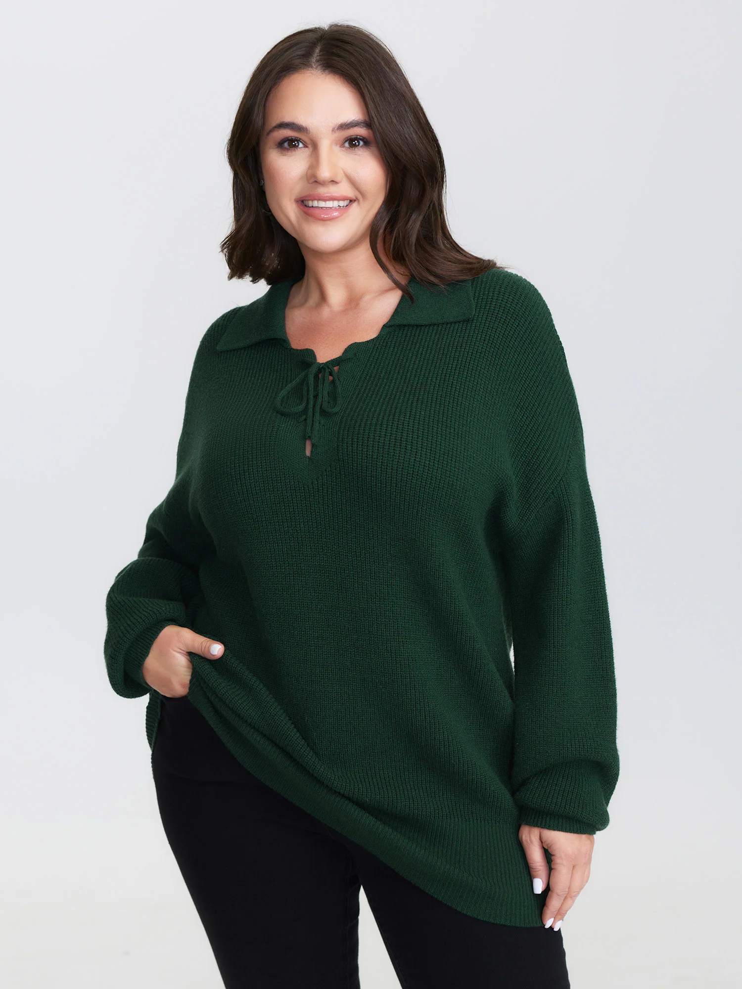 Textured Cross Neck-Tie Ribbed Hem Pullover