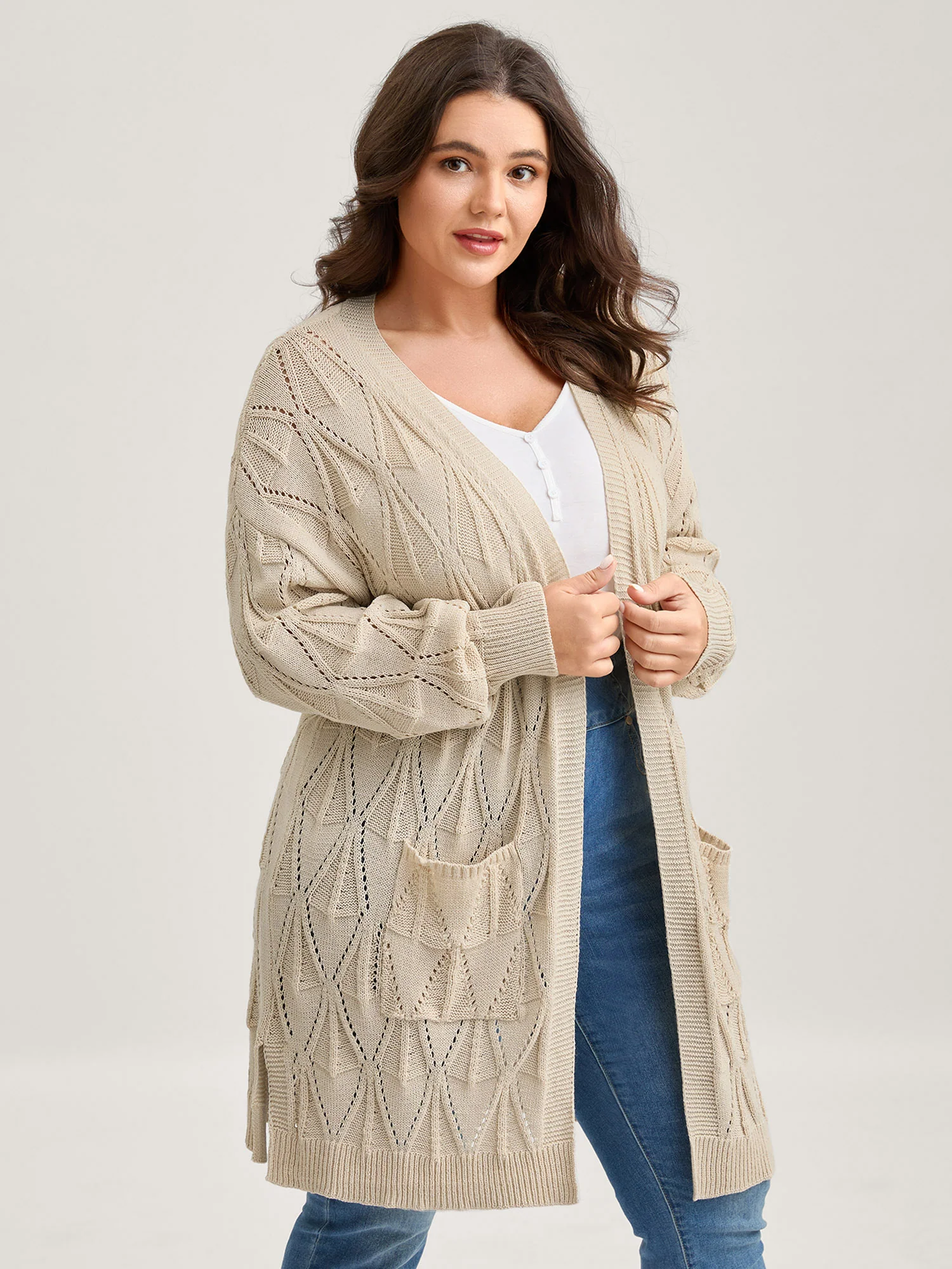 Textured Cut-Out Slit Pockets Knit Cardigan - Image 2