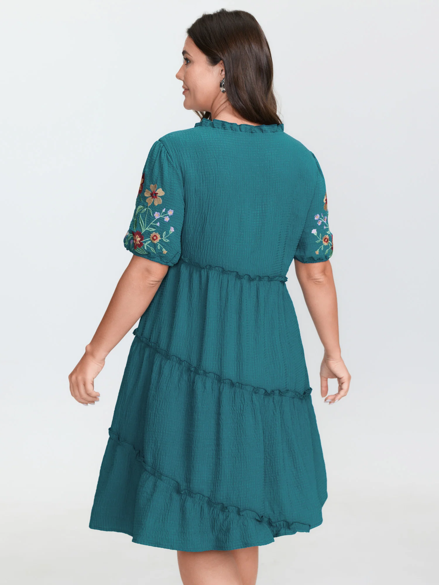Textured Embroidered Sleeve Tiered Mini Dress - Image 3