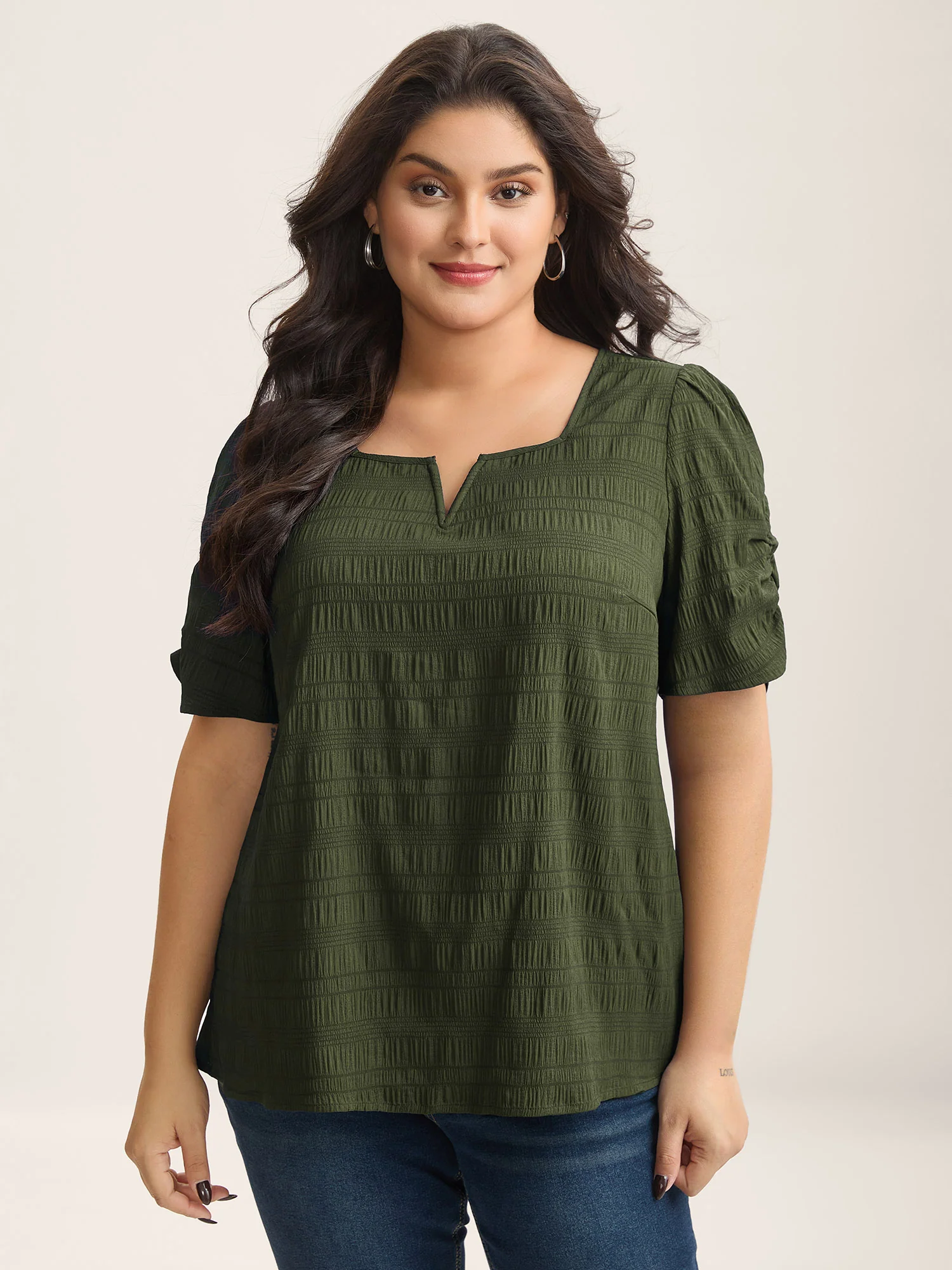 Textured Gathered Sleeve Split Neck Blouse - Image 16