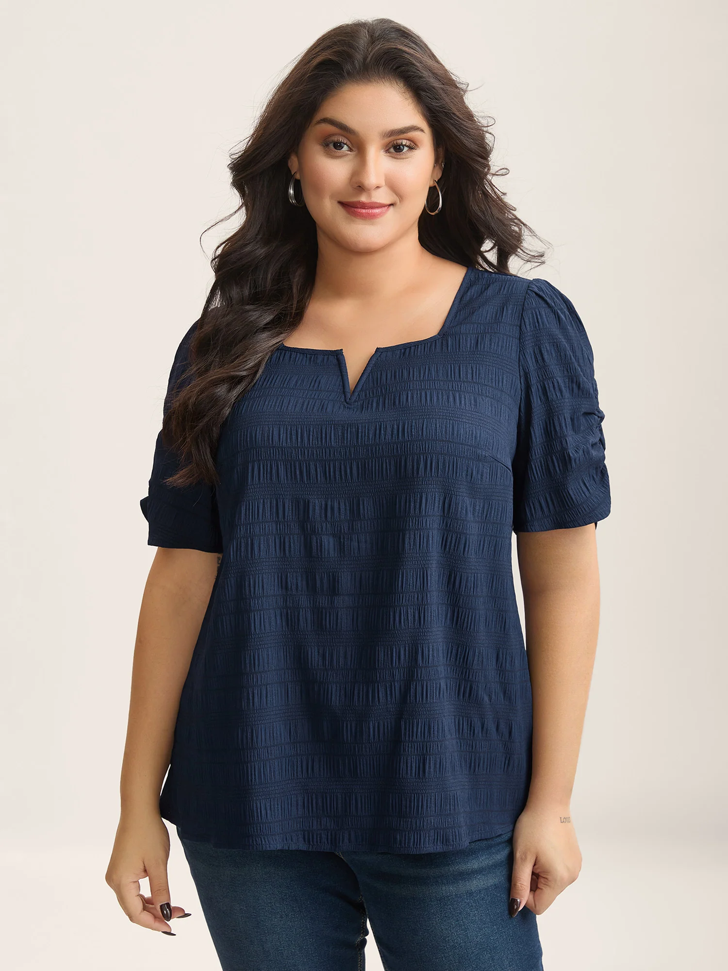 Textured Gathered Sleeve Split Neck Blouse - Image 5