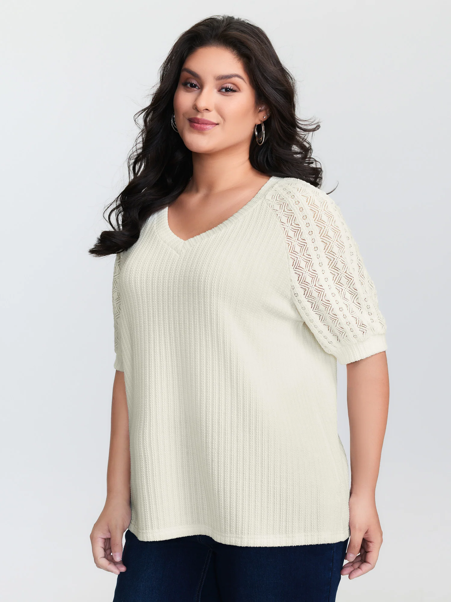 Textured Spliced V-Neck T-Shirt