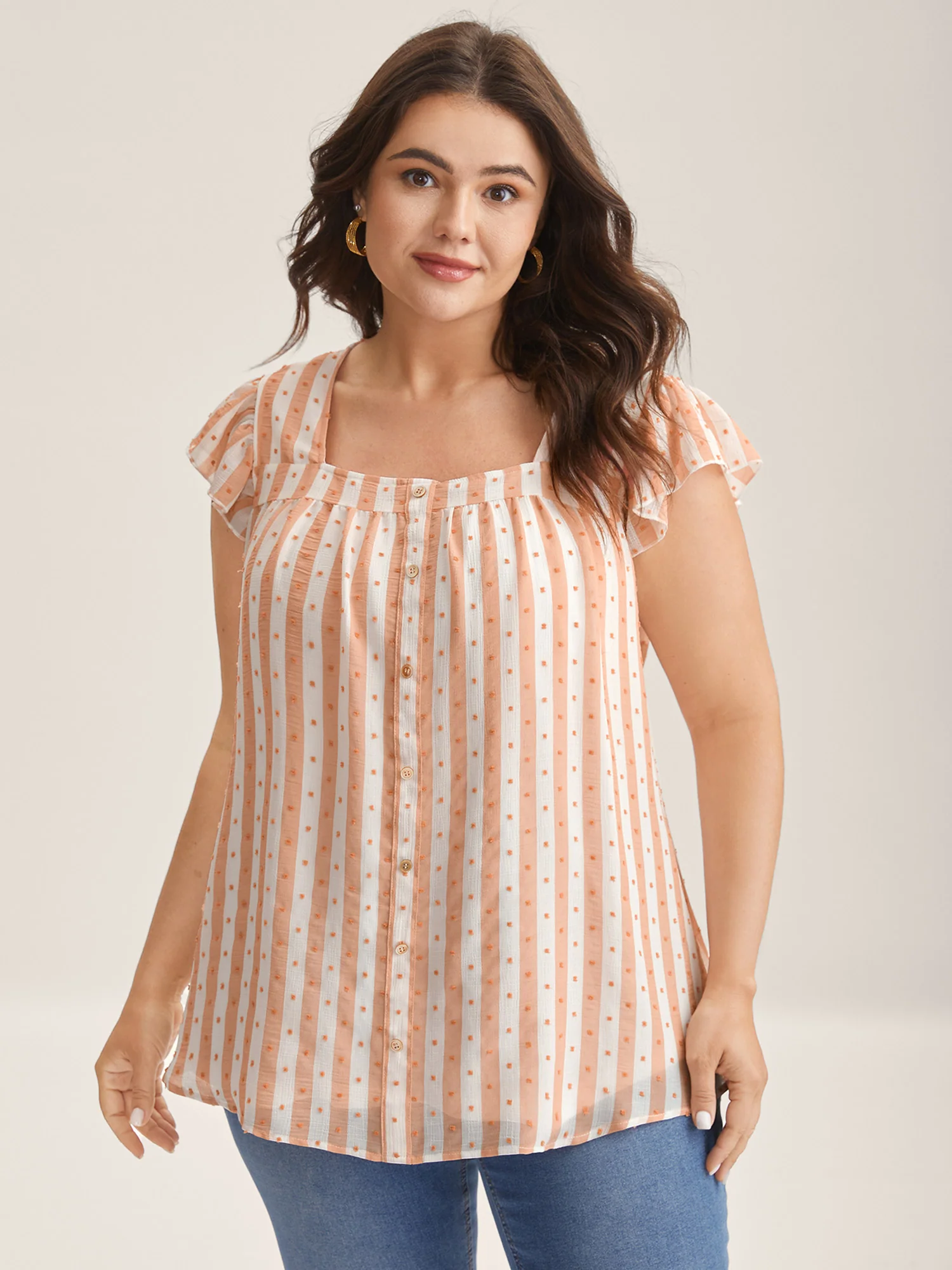 Textured Stripe Print Flutter Sleeve Blouse - Image 2