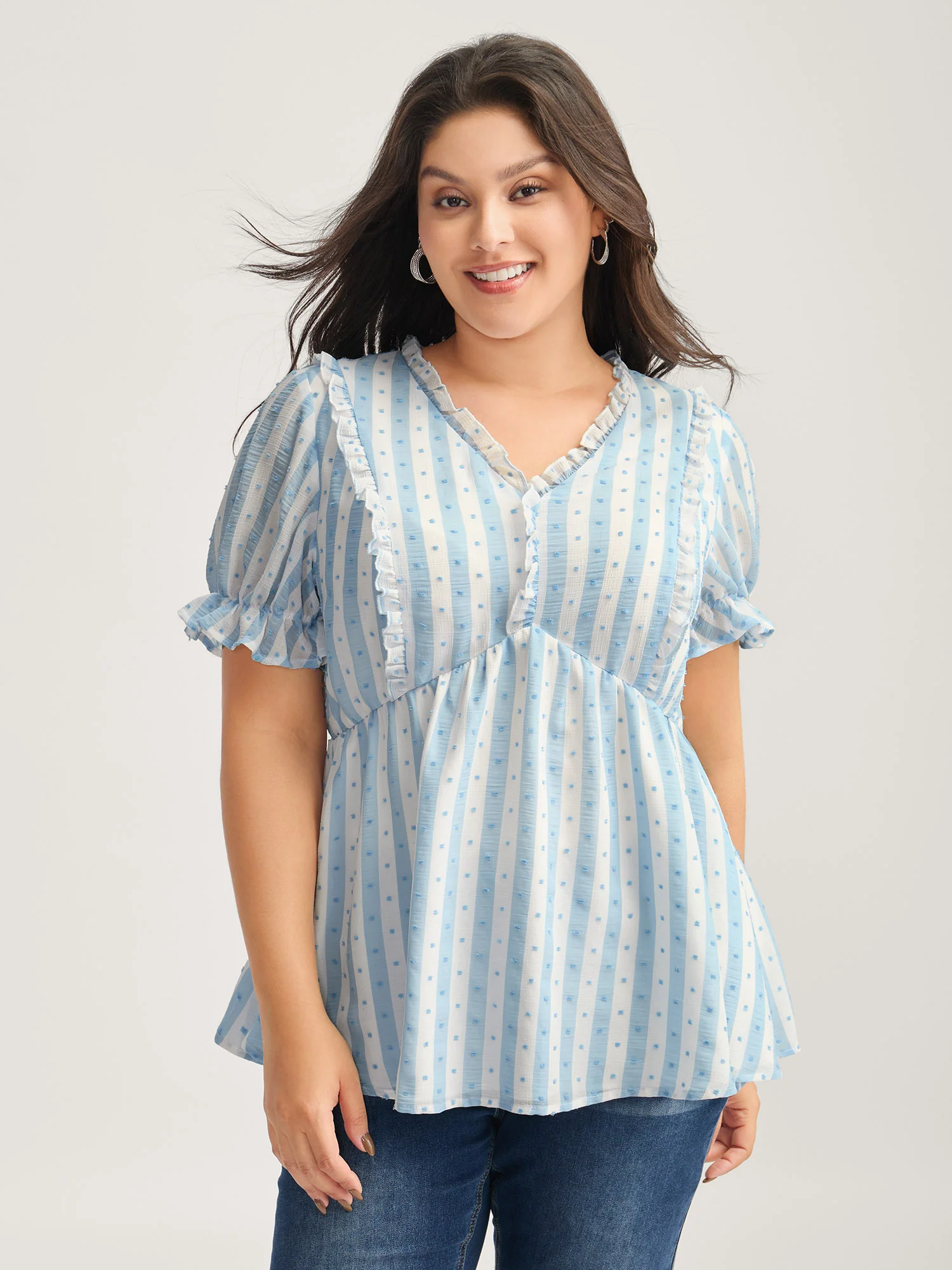Textured Striped Print Ruffled Babydoll Top