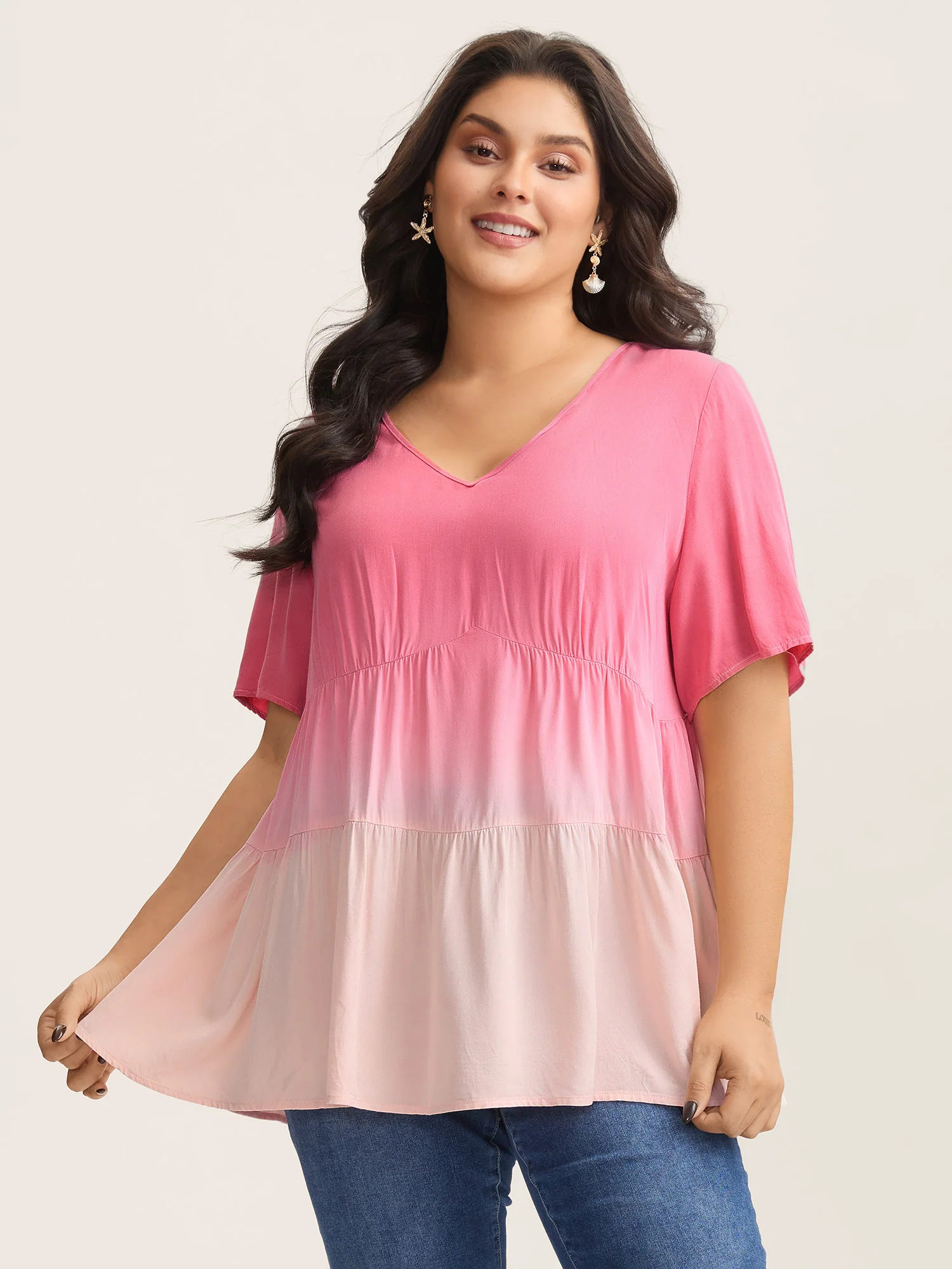 Rayon Tie-Dye V-Neck Tiered Blouse