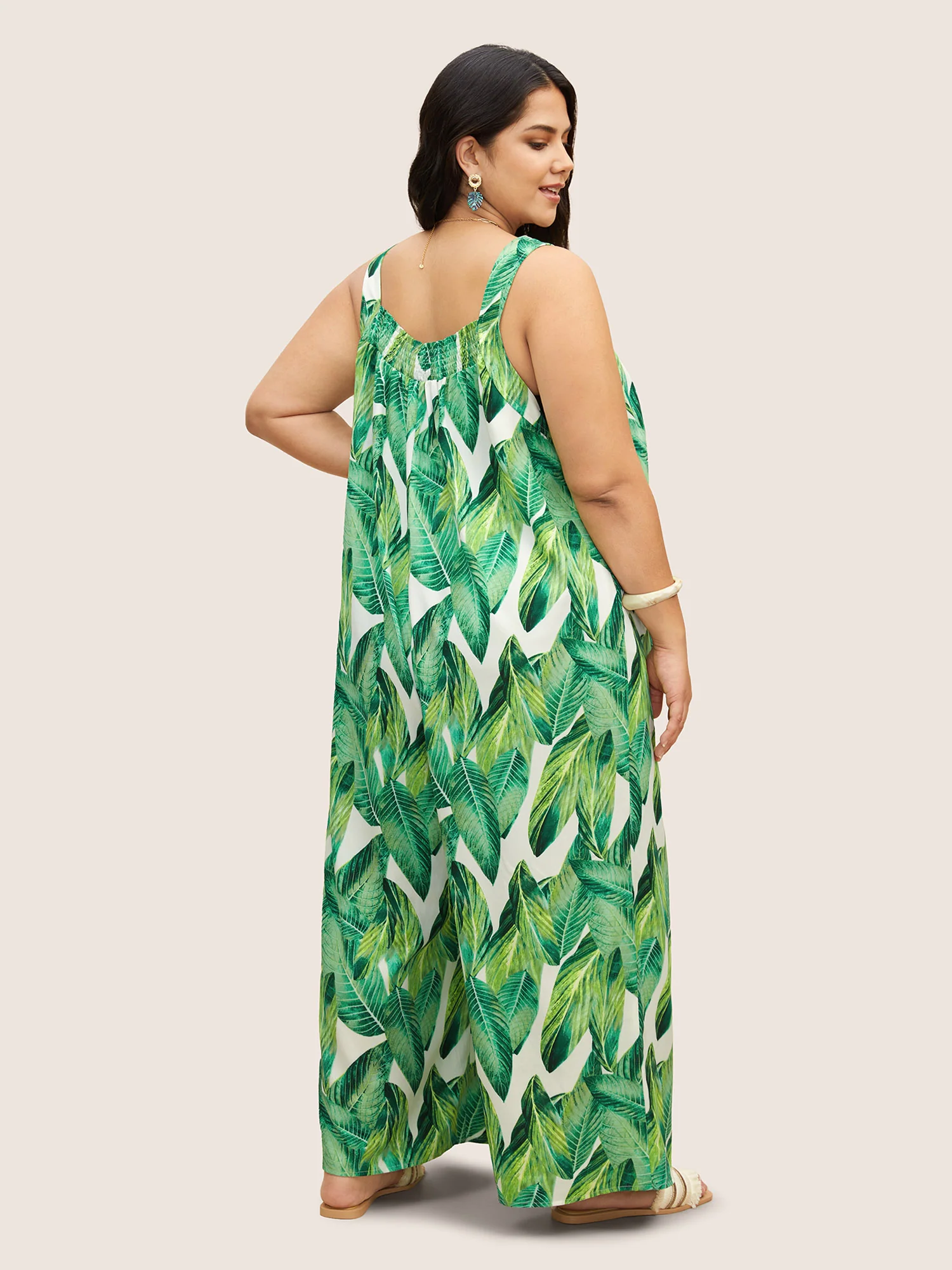 Tropical Print Shirred Side Seam Pocket Jumpsuit - Image 4