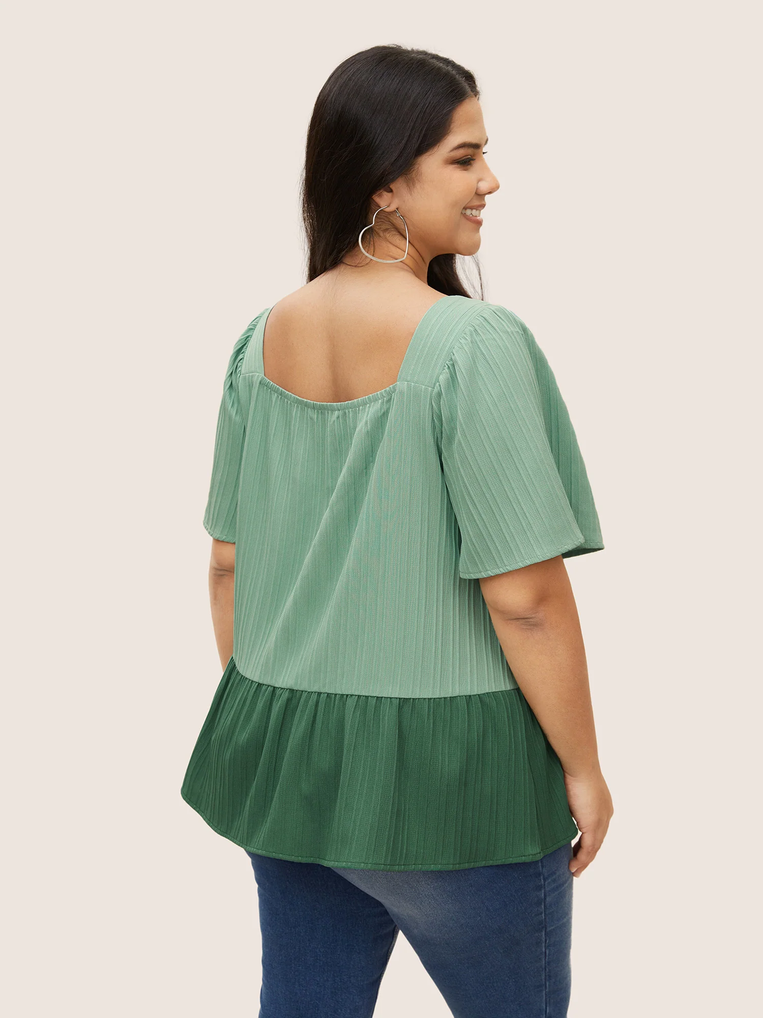 Two Tone Textured Shirred Patchwork Ruffles Hem Blouse - Image 3