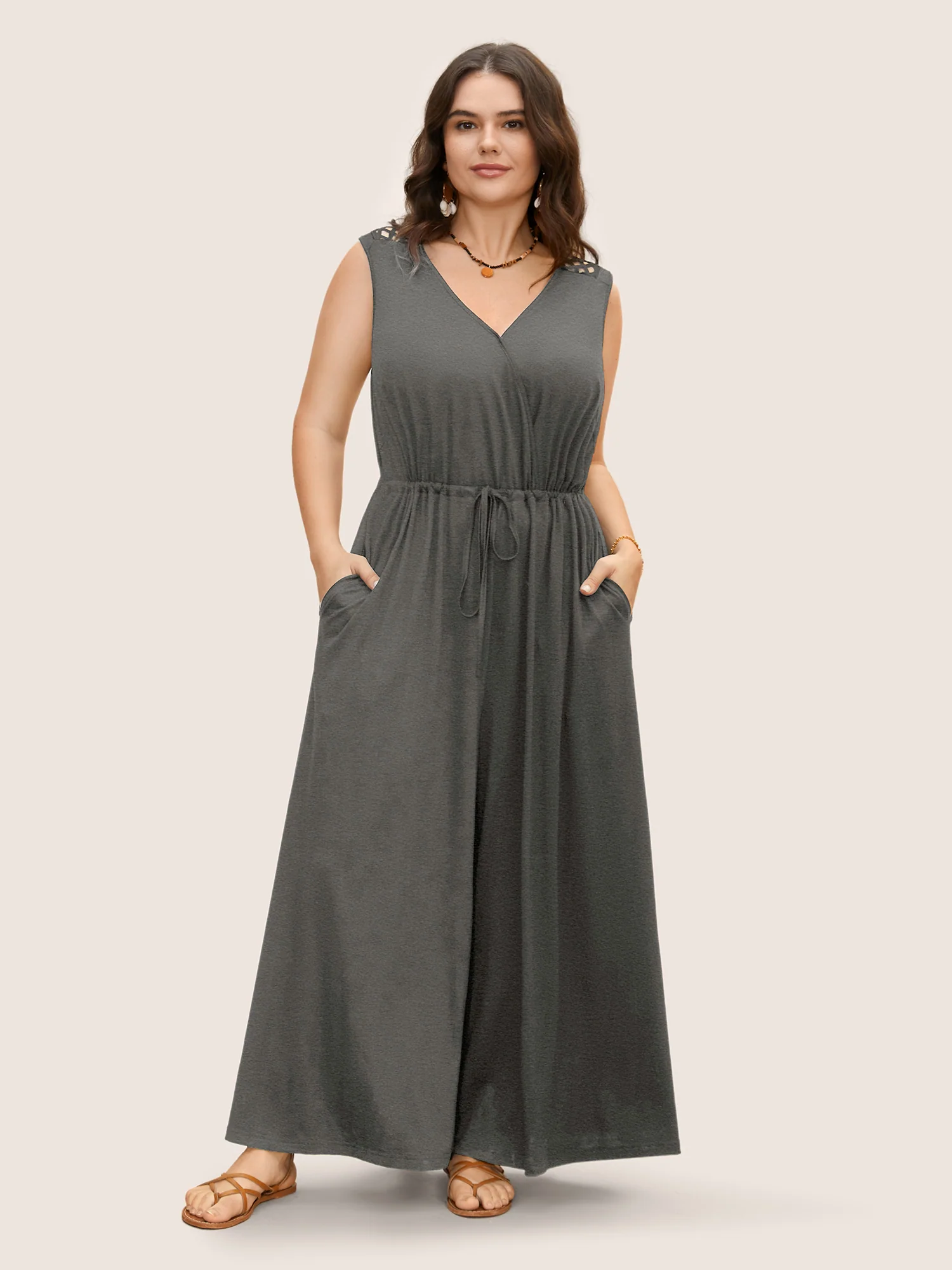 V Neck Crocheted Cut Out Jumpsuit - Image 4