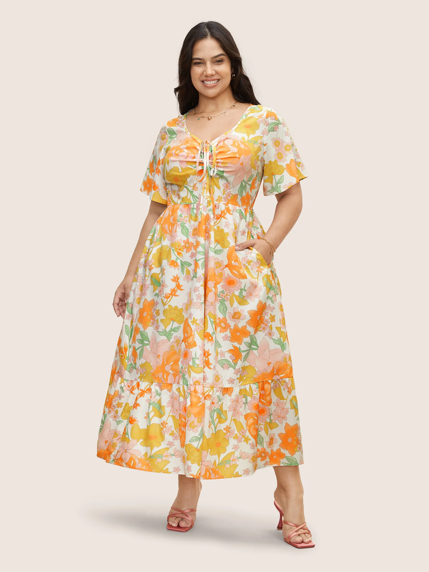V Neck Floral Drawstring Maxi Dress