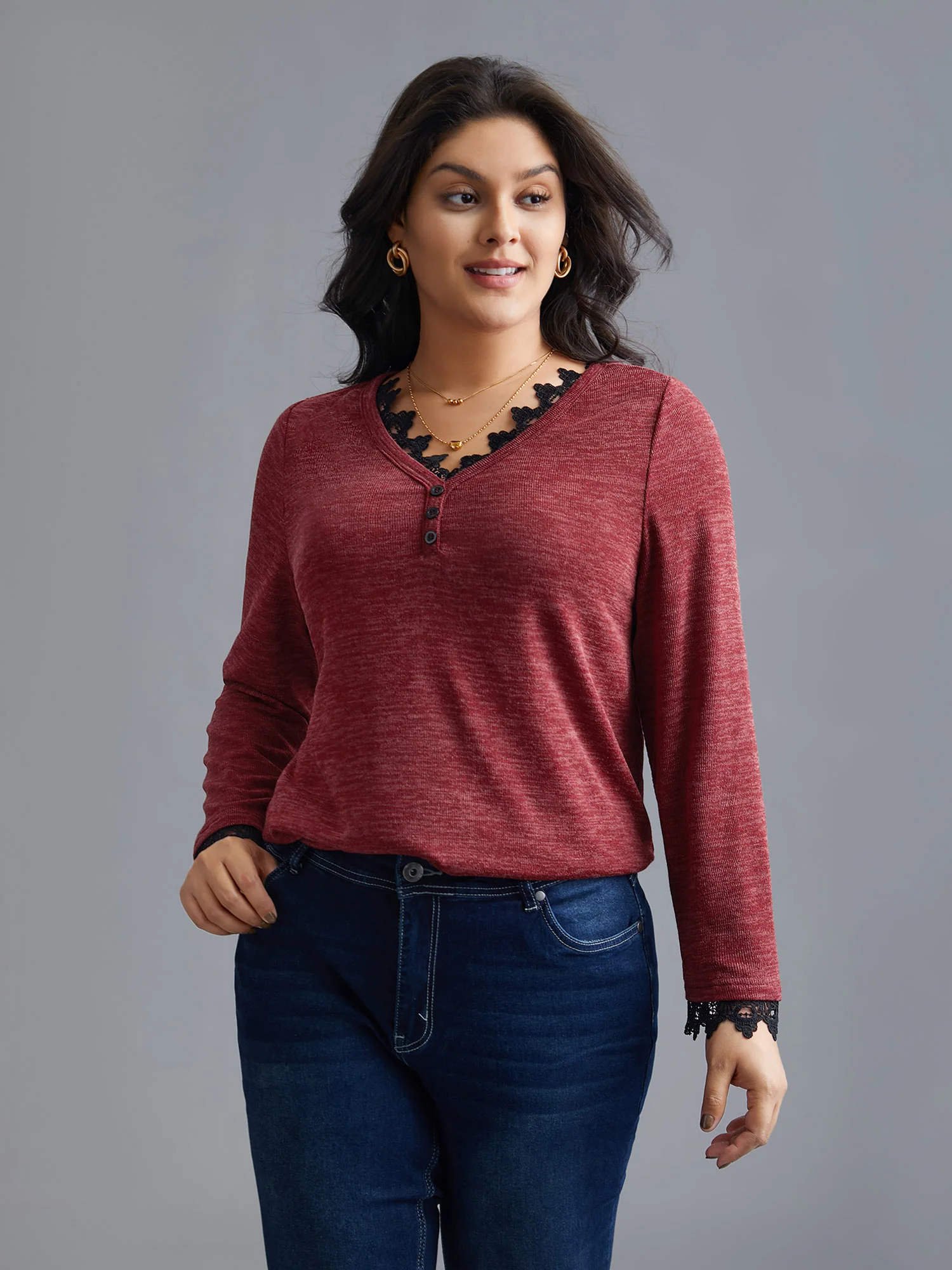 V Neck Lace Trim Stitch Button Detail T-Shirt - Image 2