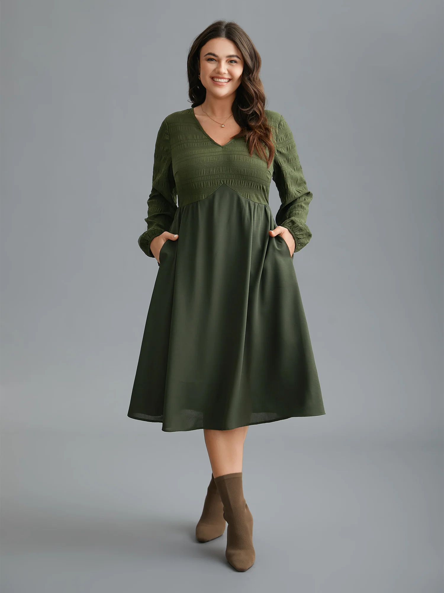 V-Neck Splicing Textured Knit Dress