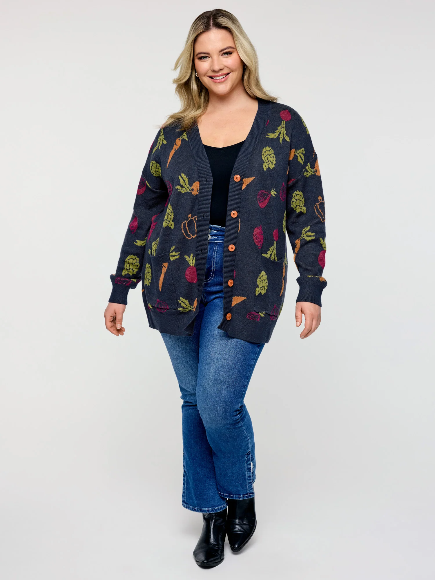 Vegetable Print Buttons Colorful Knit Cardigan - Image 3