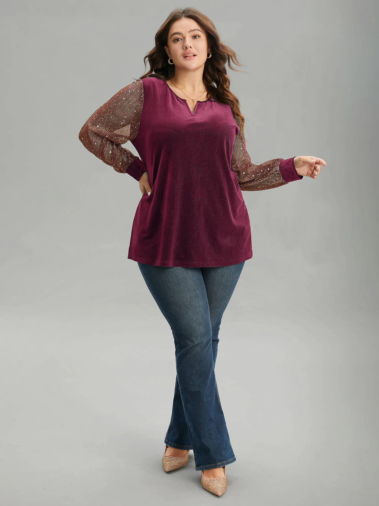 Velvet Patchwork Mesh Sequin Notched T-shirt - Image 12