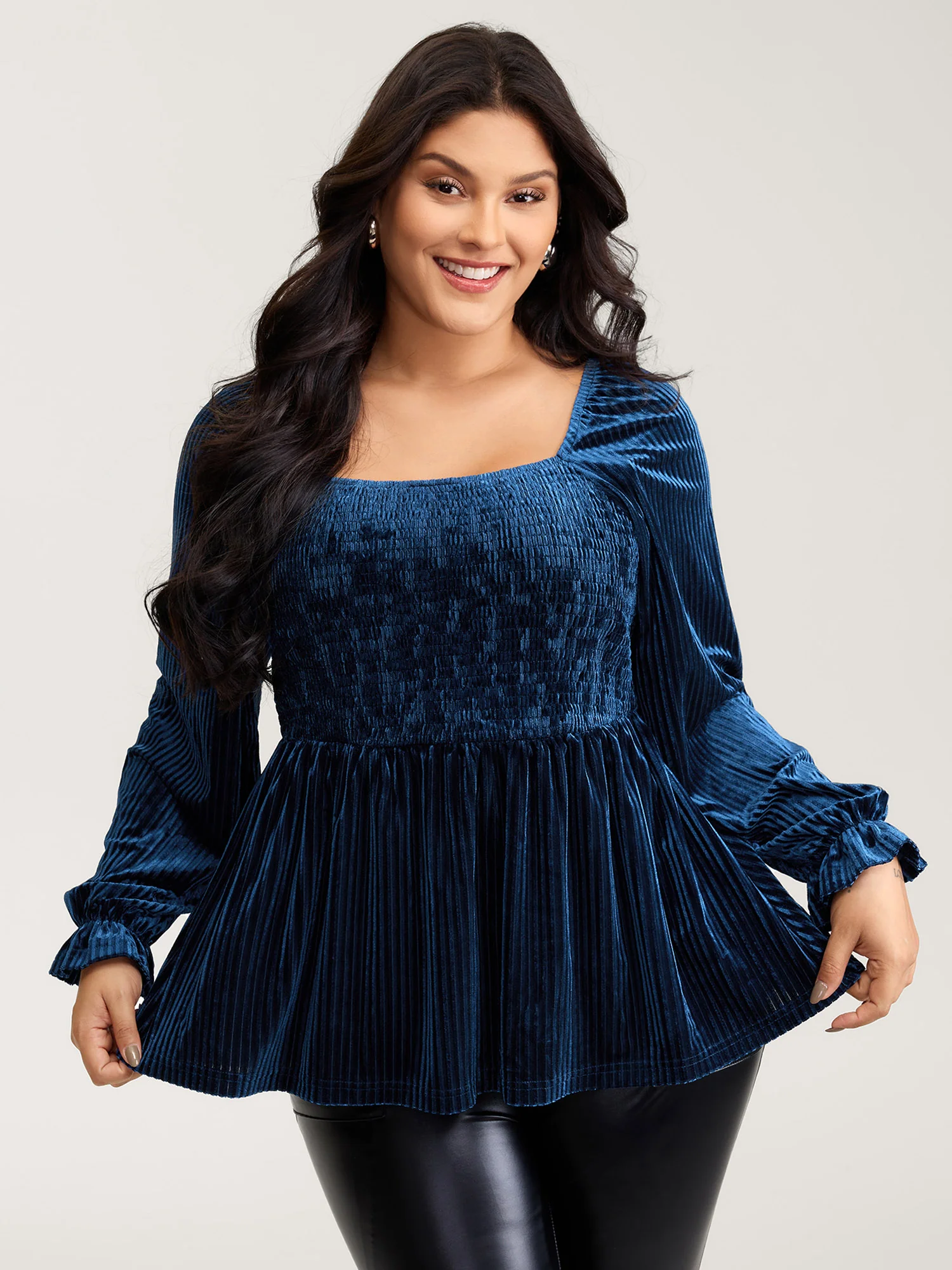 Velvet Shirred Bodice Stretchy Waist Blouse