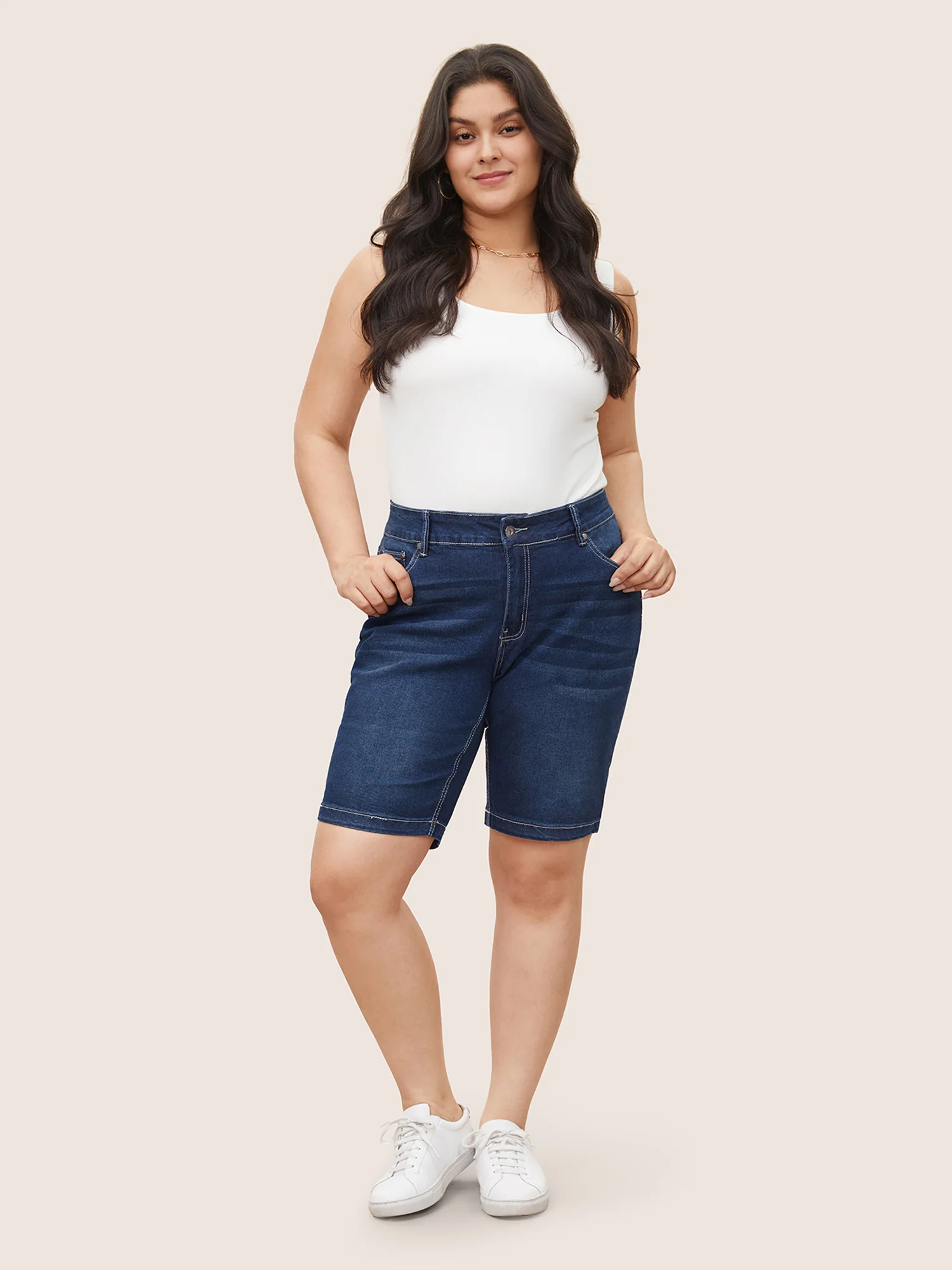 Very Stretchy High Rise Dark Wash Denim Shorts - Image 10