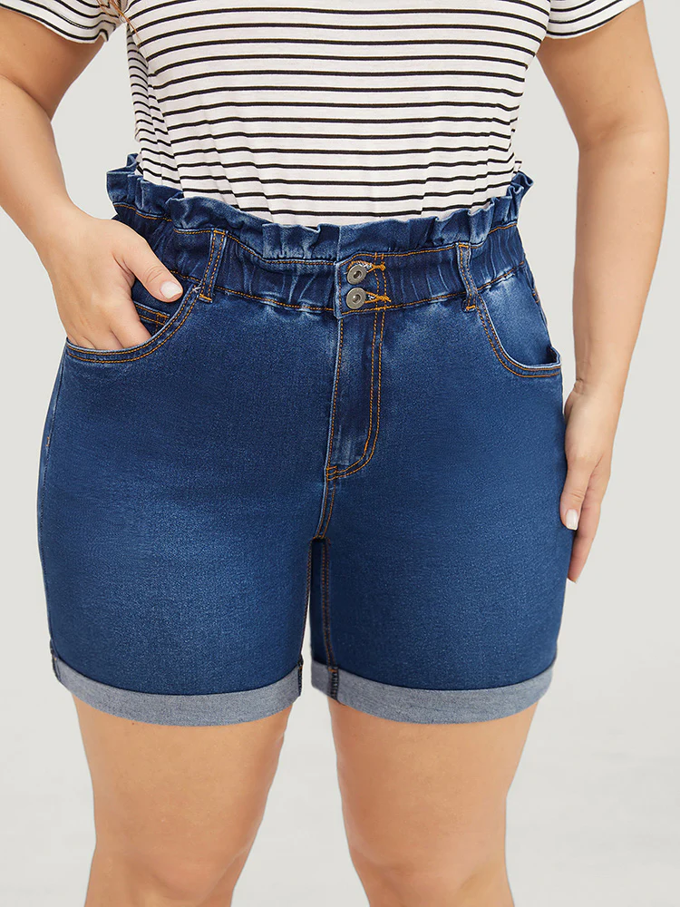 Very Stretchy High Rise Medium Wash Paperbag Waist Denim Shorts - Image 5