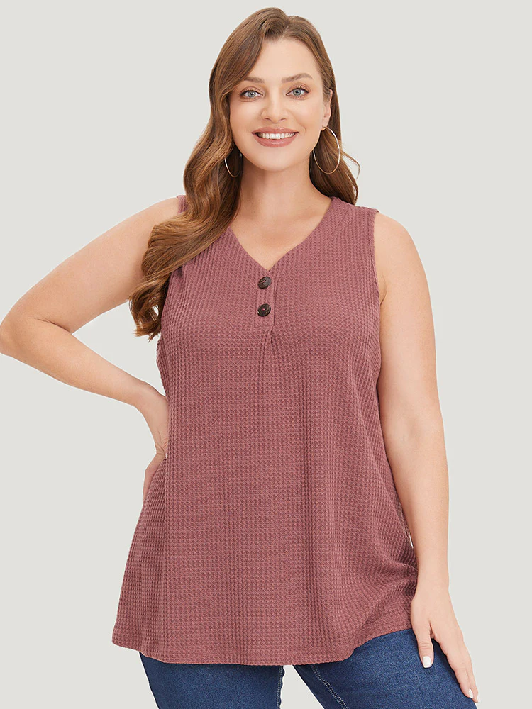 Waffle Knit Button Detail Plicated Detail Tank Top - Image 2