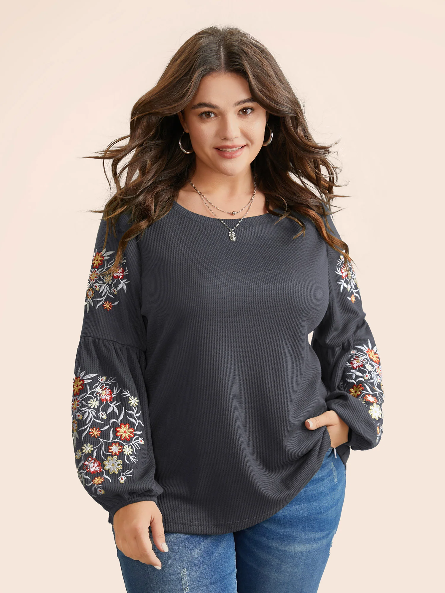 Waffle Knit Floral Embroidered Lantern Sleeve T-shirt - Image 25