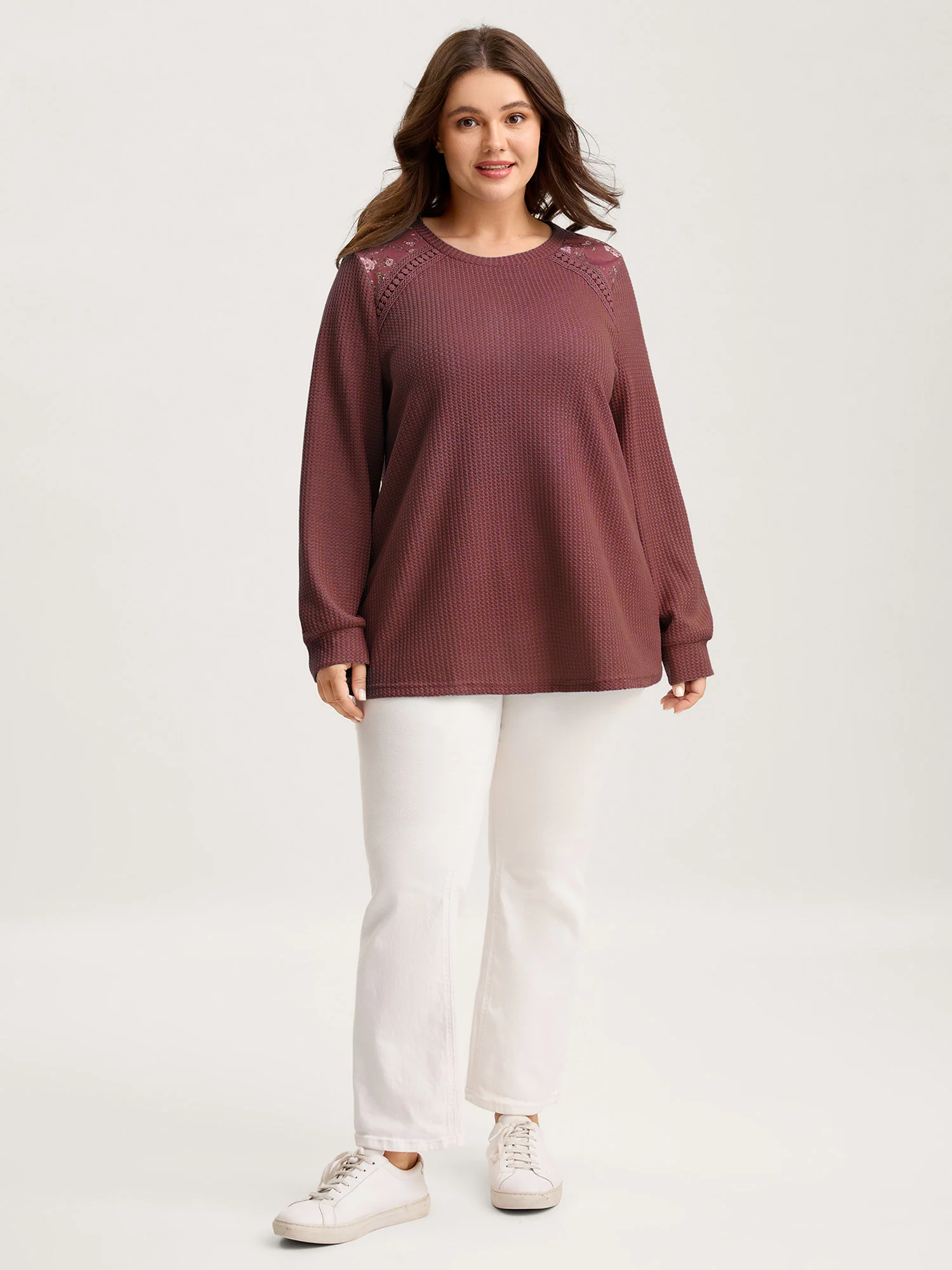 Waffle Spliced Floral Lace Sweatshirt - Image 14