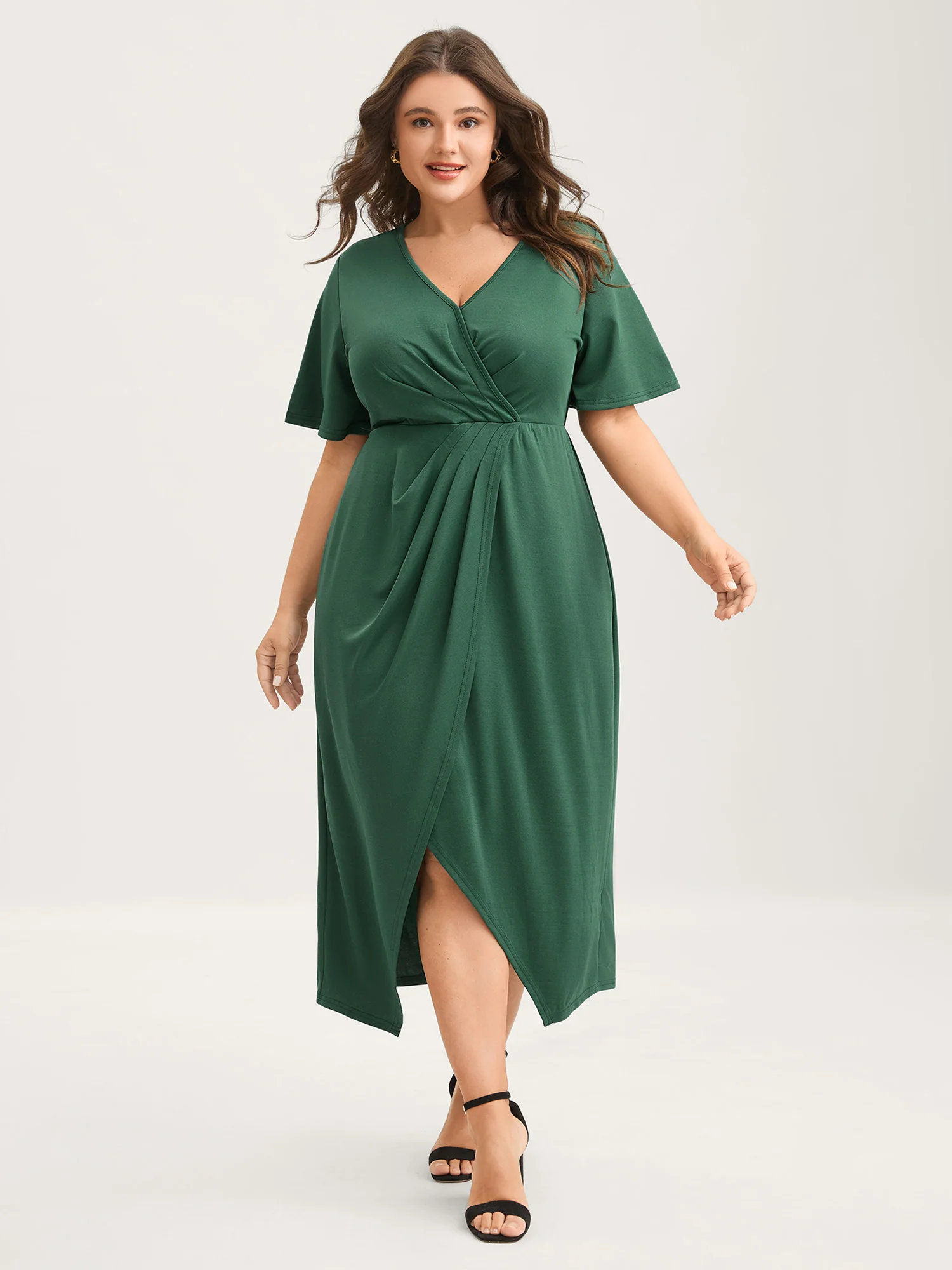 Wrap Gathered Solid Surplice Midi Dress - Image 3