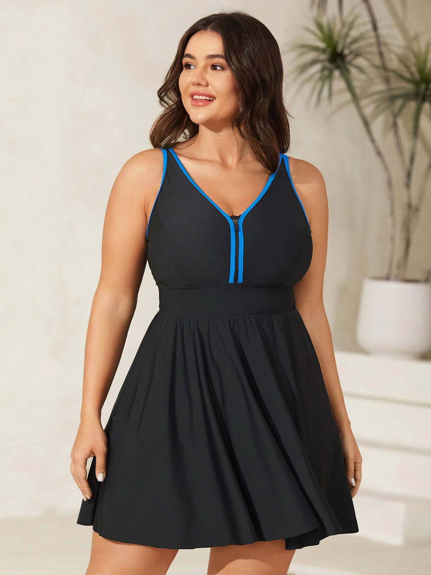 Zipper Front Color Contrast Swim Dress
